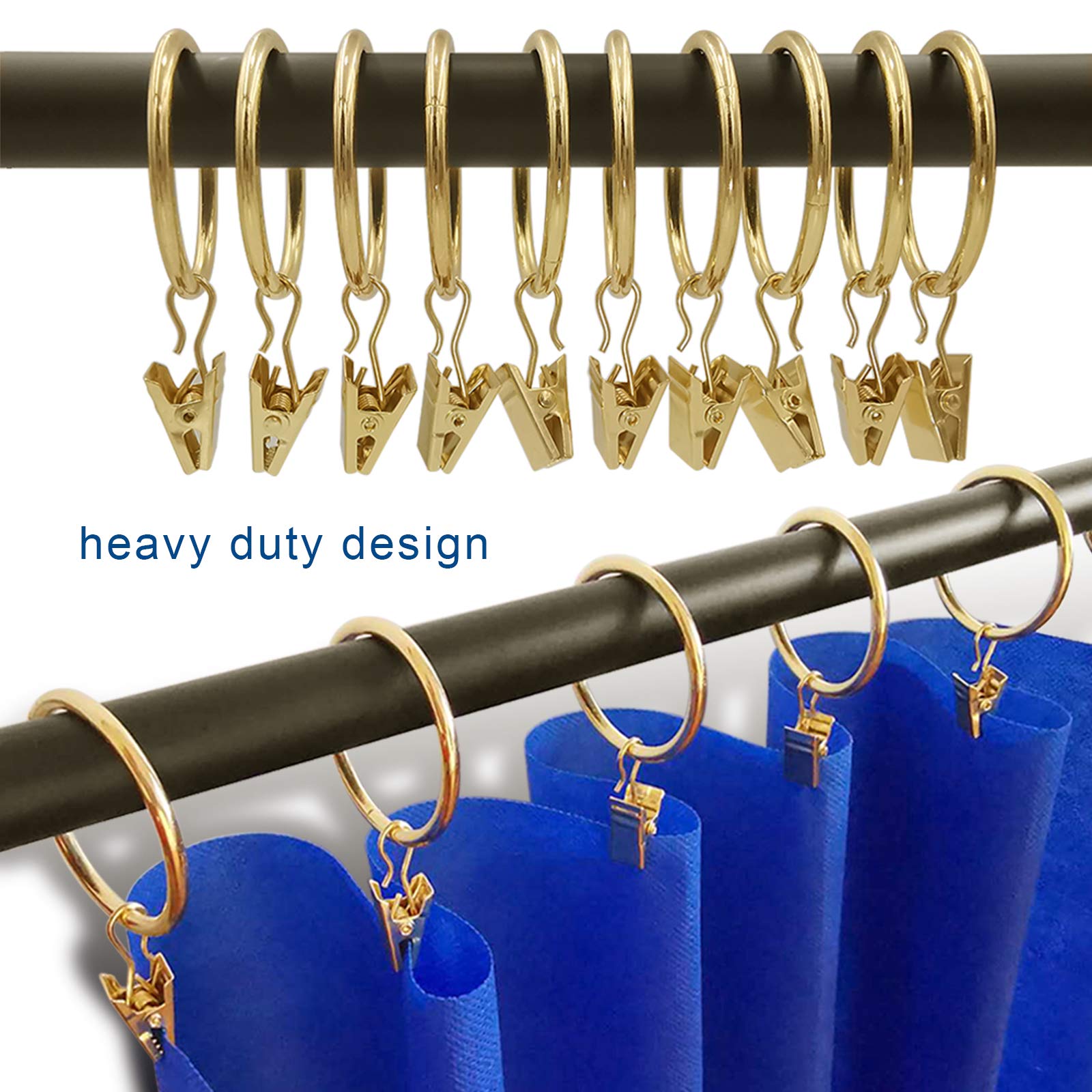 60 Pack Gold Metal Curtain Rings with Clips - 1.5 Inch Interior Diameter Drapery Hooks for Hanging Drapes, Bows & Curtain Rods - Perfect for Living Room, Bedroom & Window Decor