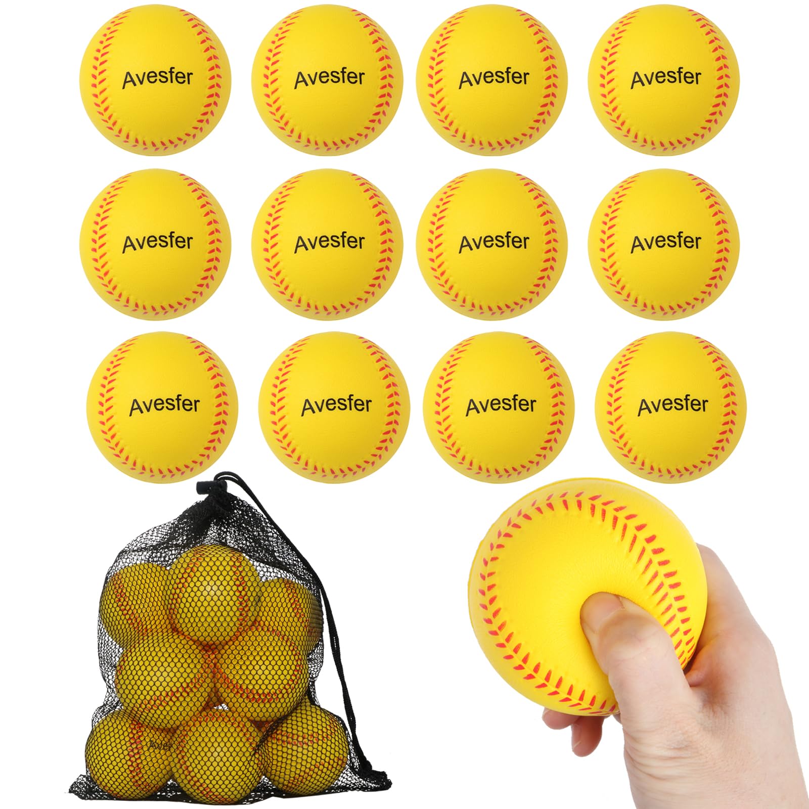 Avesfer 12 Pack Foam Baseballs - Soft Training Baseballs for Kids, Youth & Teens - Safe Batting, Hitting & Fielding Practice - Includes Drawstring Bag - Indoor/Outdoor Use - Perfect for Backyard Games, Baseball Practice & Team Training (Yellow)