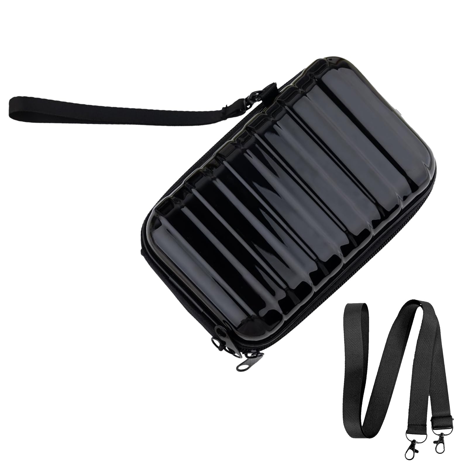 AUEAR Small Hard Shell Cosmetic Travel Case - 7 Inch Mini Vertical Toiletry Bag with Detachable Shoulder Strap & Grip Rope (Black) - Perfect for Airplane Carry-on, Gym Essentials & Weekend Getaways