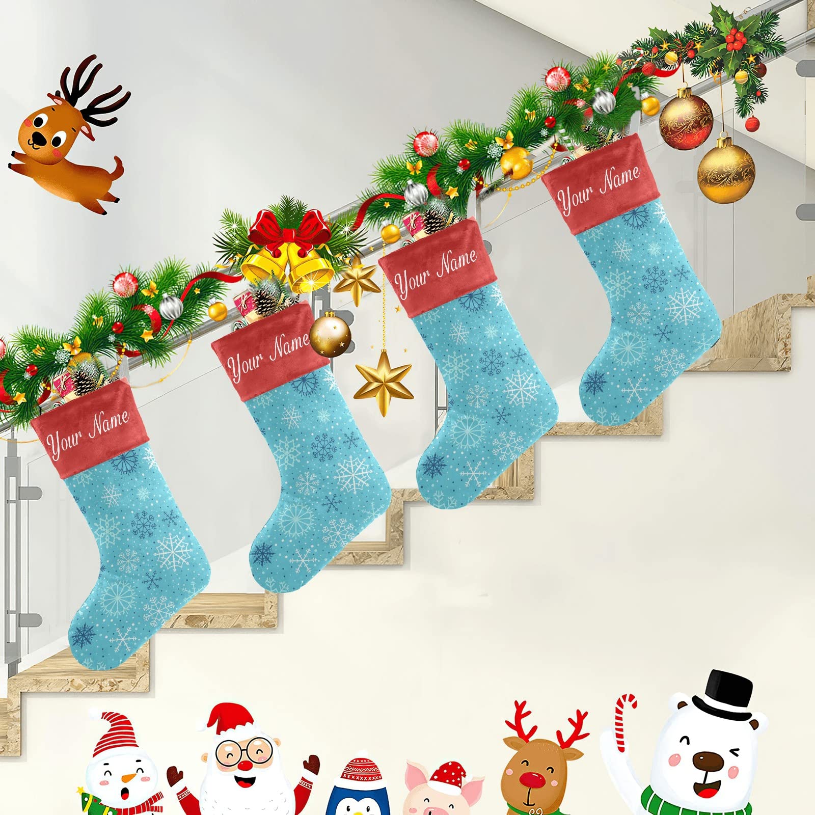 Personalized Snowflake Blue Christmas Stockings with Custom Names - 17.52 x 7.87 Inch Holiday Decor for Family, Party & Gift Exchange - Perfect for Fireplace Mantel, Tree Decorations and Festive Home Decor