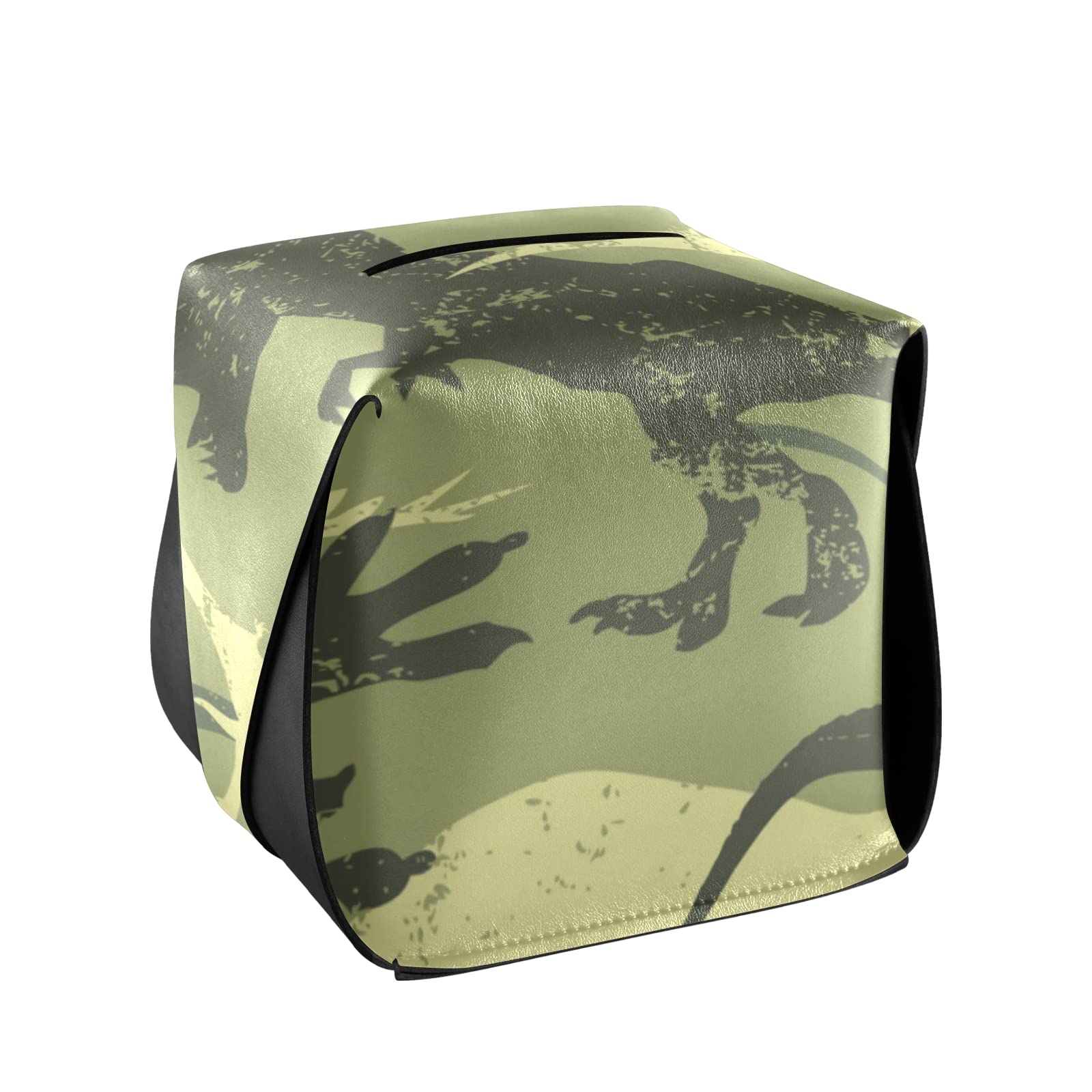 Vintage Camouflage Dinosaur Leather Tissue Box Cover - Retro Green Seamless Square Design with Handle for Bathroom, Nightstand, Vanity, Office Desk & Car (5.7x5.7x5.7 Inches) | Home Decor & Gift Idea