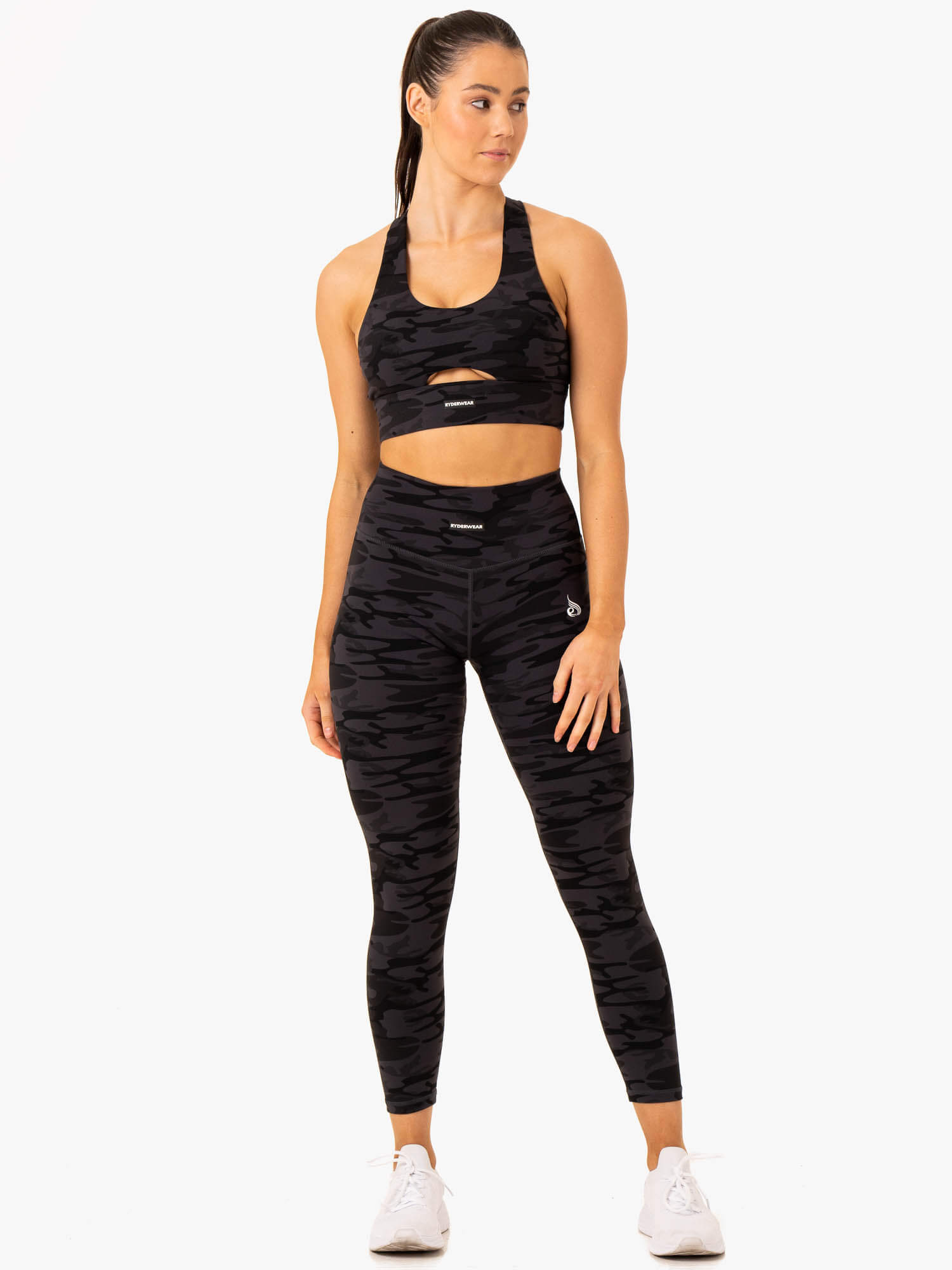 High Support Racerback Sports Bra - Black Camo Print for Women - Perfect for Running, Yoga & Gym Workouts