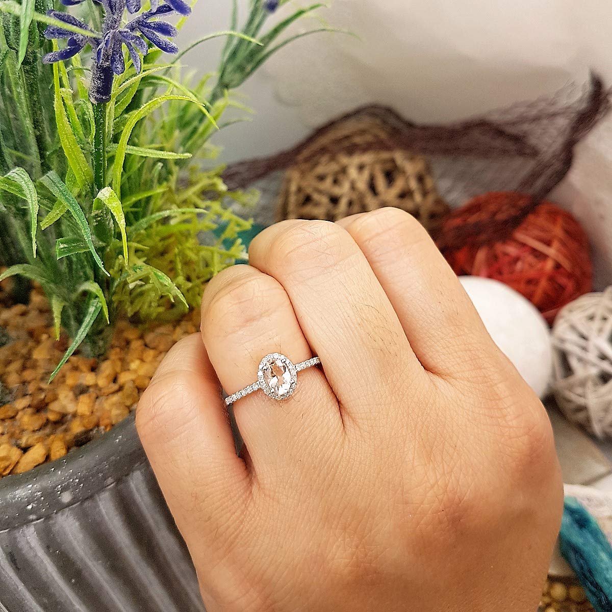 Dazzlingrock Collection Oval Cut Morganite & Round Cut White Diamond Halo Engagement Ring in Sterling Silver - Perfect for Bridal, Wedding, and Proposal Gifts