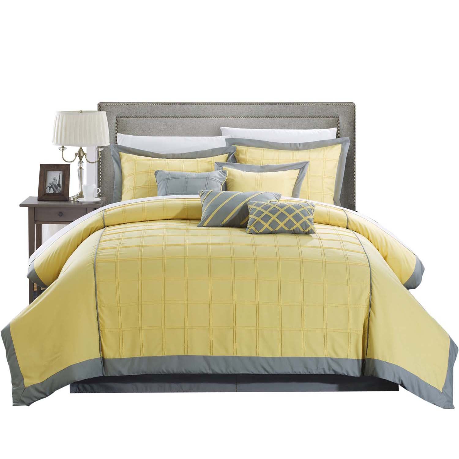 Chic Home 111CQ111-AN 8-Piece Queen Size Comforter Set with Pintuck Stitching & Color Block Design in Yellow - Modern Bedroom Decor for Master, Guest & Dorm Rooms - Cozy & Stylish Bedding for All Seasons
