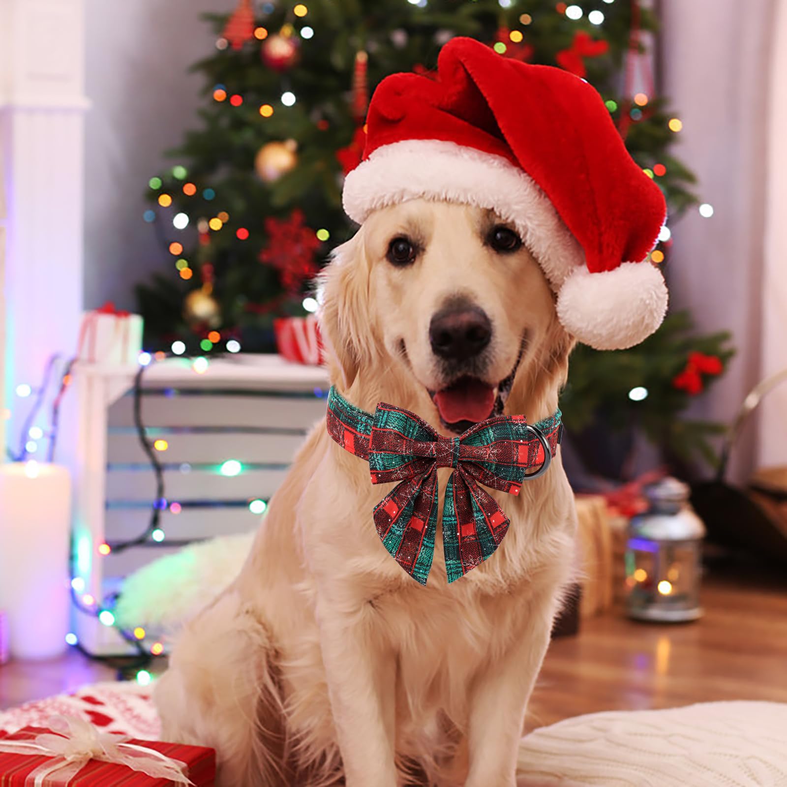 Festive Christmas Plaid Dog Collar with Bow Tie - Soft Cotton Adjustable Collar with Metal Buckle for Small, Medium & Large Dogs - Perfect for Holiday Photos, Parties & Gift Giving