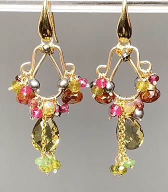 Garnet and Olive Green Gemstone Chandelier Earrings in Gold - Elegant Dangling Earrings for Women, Perfect for Weddings, Parties & Special Occasions