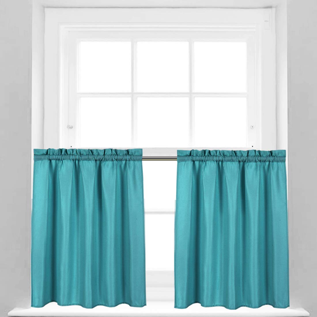 Valea Home Waffle Weave Textured Bathroom & Kitchen Window Curtains - Water Repellent, 24 Inch Length, Turquoise, Set of 2 - Perfect for Bathroom Privacy, Kitchen Decor & Half Window Coverings