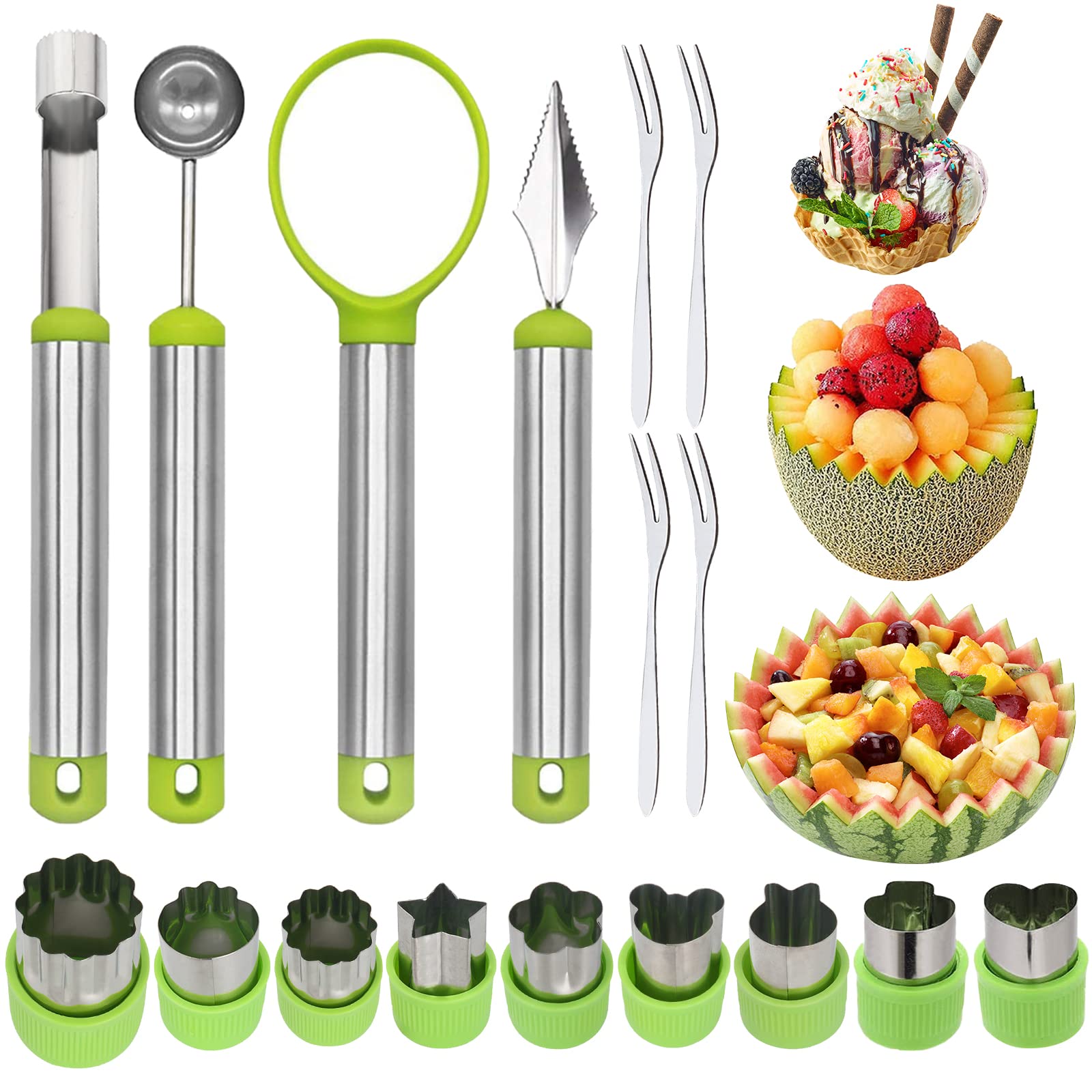 17-Piece Stainless Steel Melon Baller Set - 4-in-1 Fruit Scooper, Seed Remover, Vegetable Cutter & Peeler for Watermelon, Cantaloupe & Honeydew | Perfect for Fruit Salads, Smoothie Bowls & Party Platters