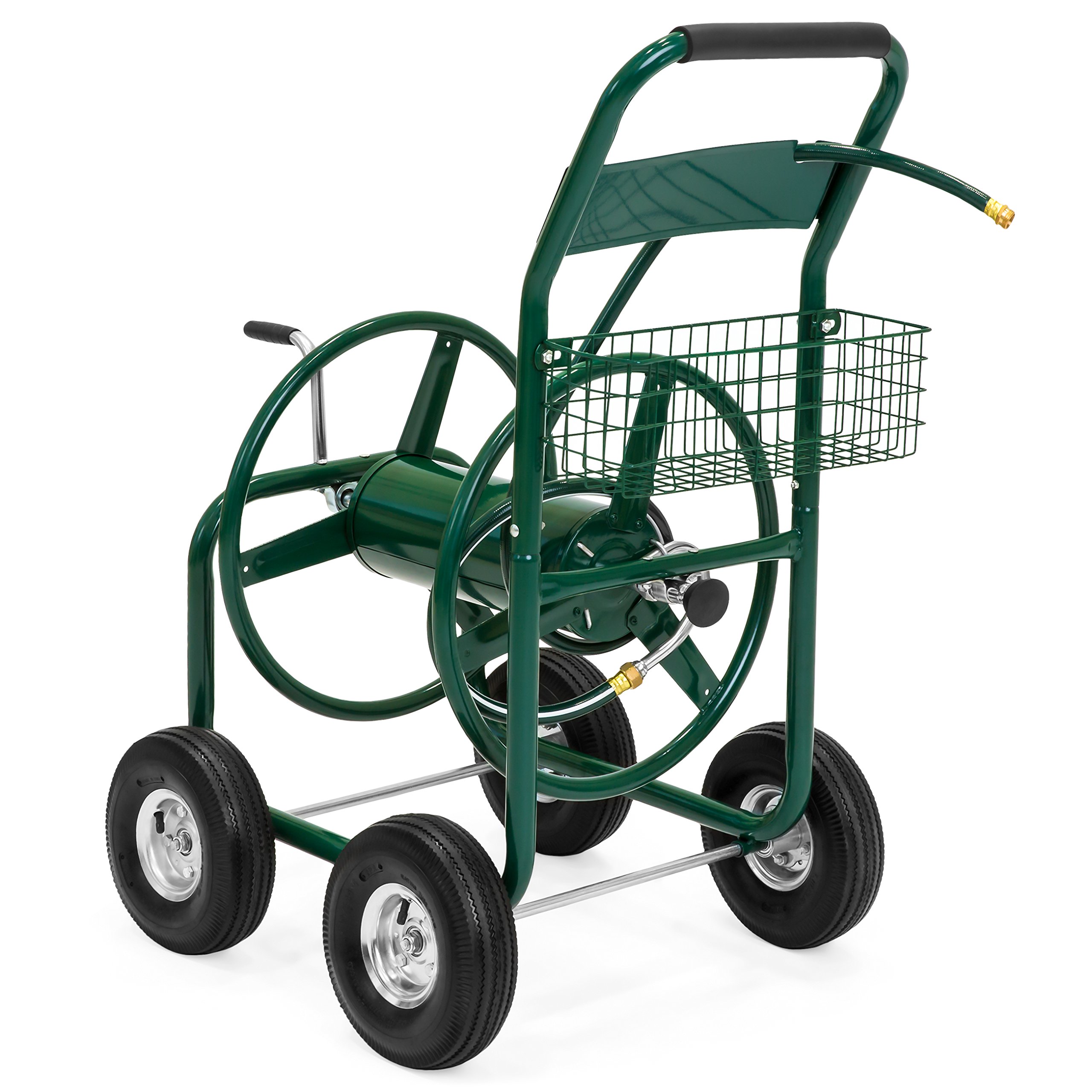 Best Choice Products 300ft Heavy Duty Garden Hose Reel Cart with Storage Basket - Green Outdoor Watering Solution for Lawn, Yard & Gardening