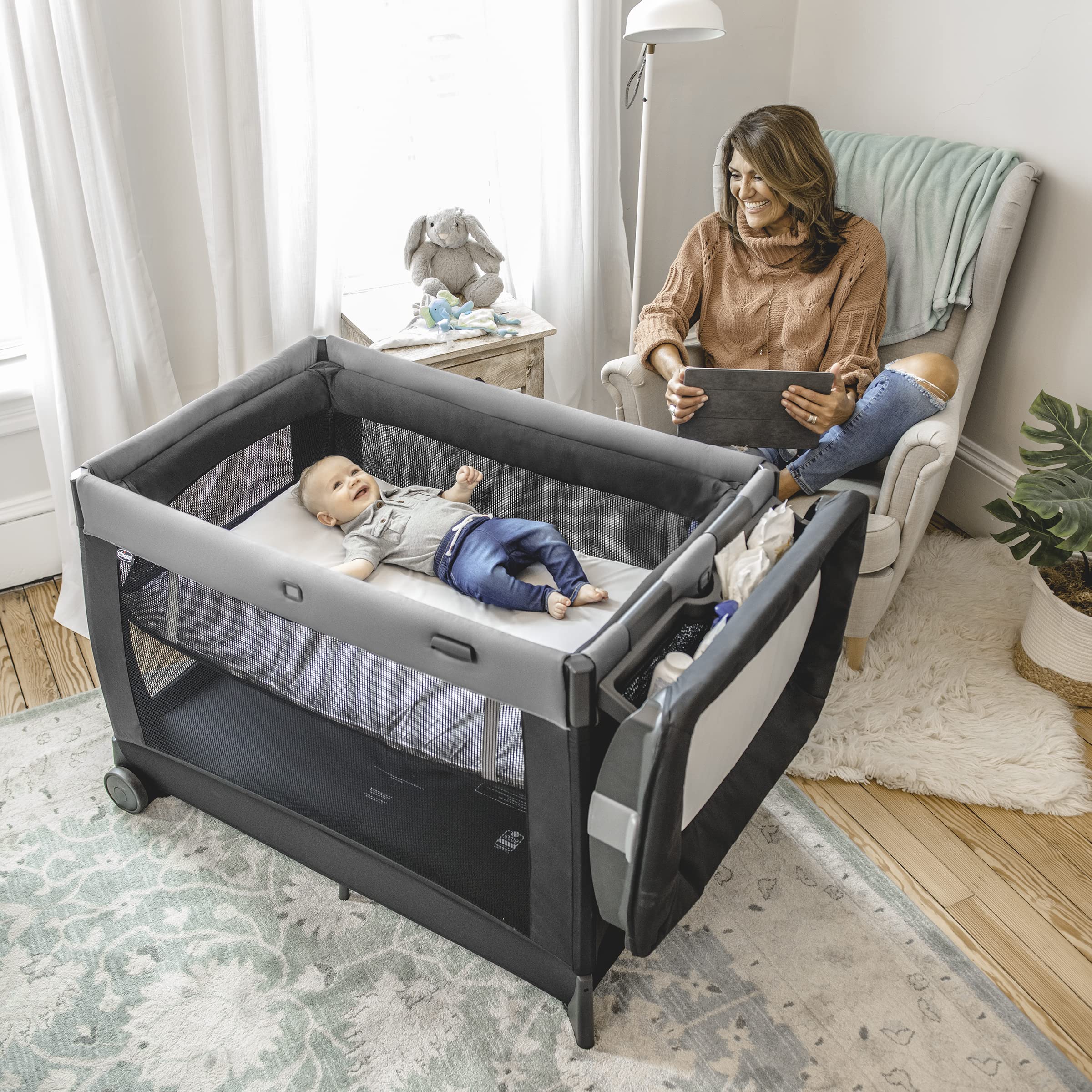 Chicco Lullaby® Portable Playard - Infant Bassinet, Baby Changing Station & Toddler Playpen | Lightweight Travel Crib for Home & On-The-Go | Calla Grey Design | Perfect for Nursery, Travel & Daycare