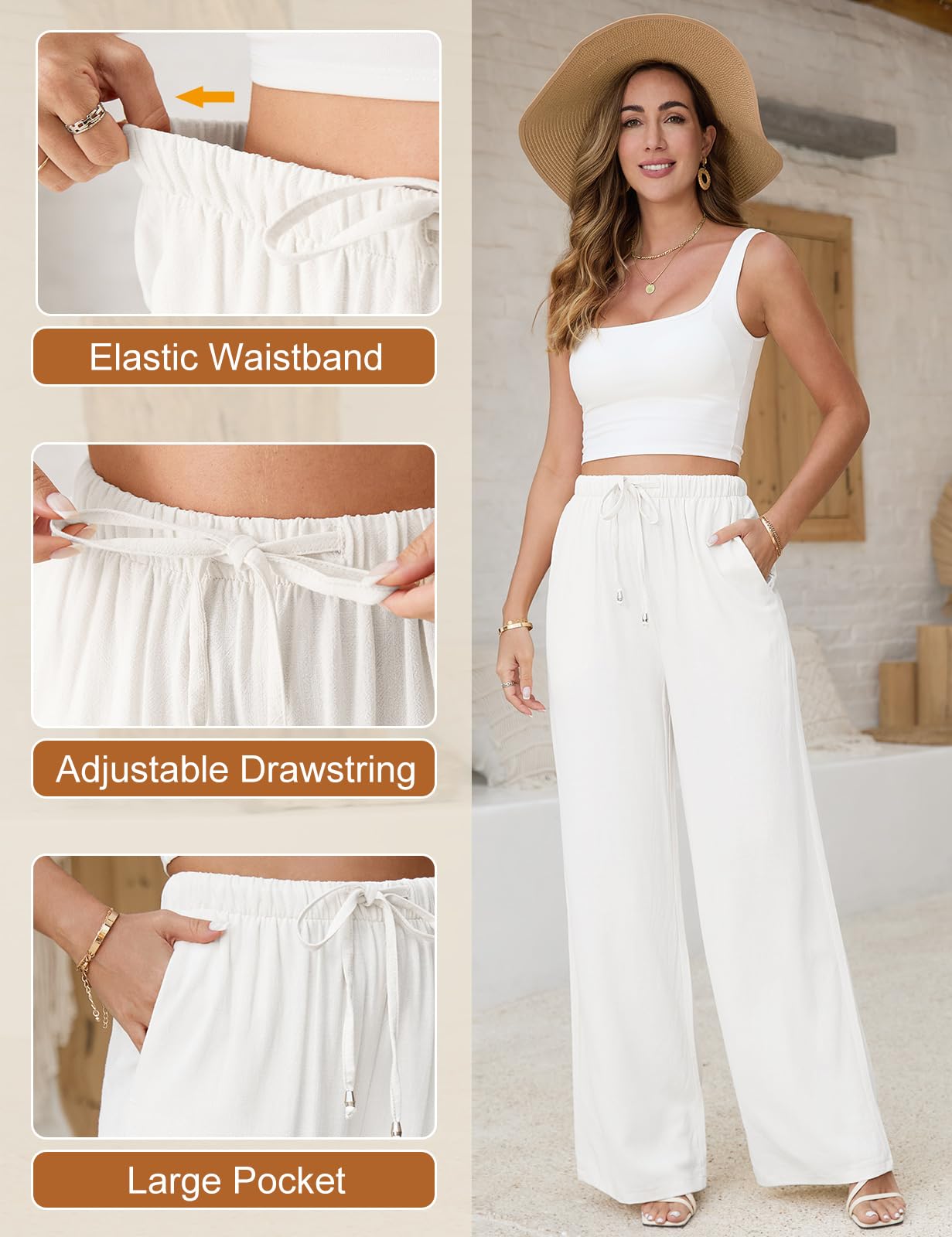 Women's Linen Pants - Casual Wide Leg Palazzo Trousers for Summer | Loose Flowey Beach Pants with Drawstring Waist | Perfect for Vacation, Yoga & Boho Style Outfits