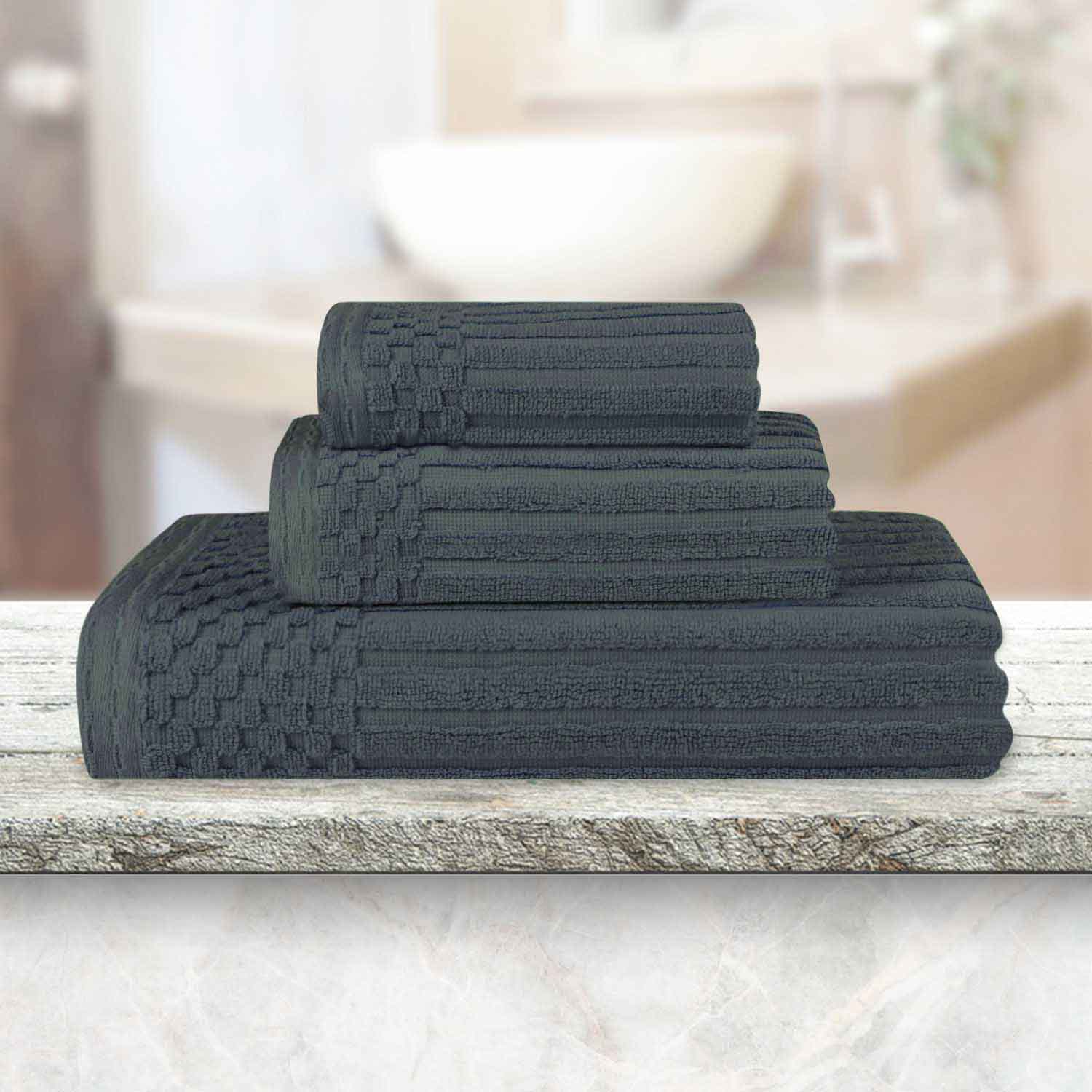 Premium Soho Ribbed Textured Cotton Bath Towel Set - Ultra Absorbent 3-Piece Towel Collection for Spa, Bathroom & Guest Use | Soft Luxury Towels for Home & Hotel