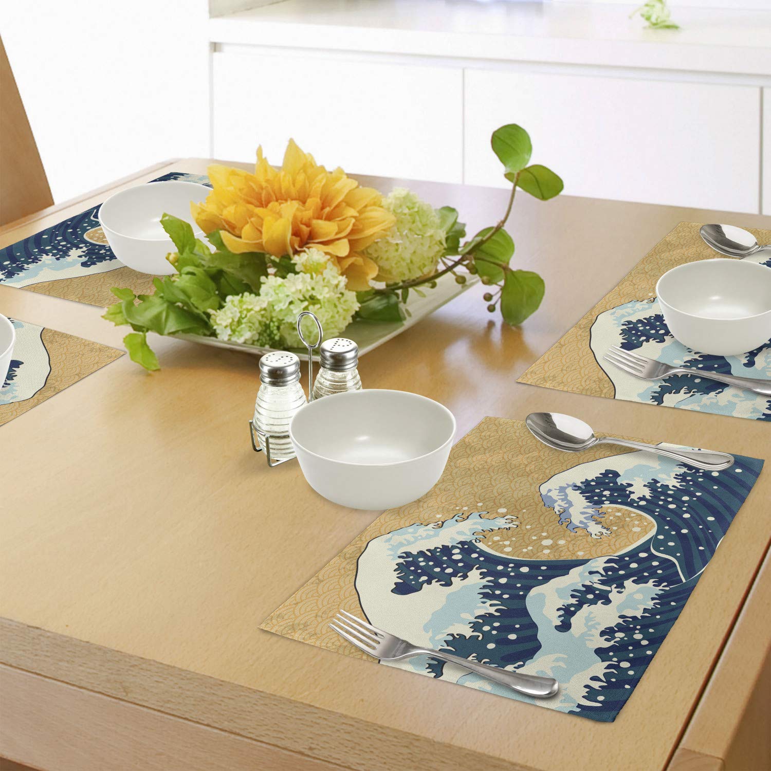 Ambesonne Japanese Wave Place Mats Set of 4 - Traditional Sea Storm Design with Foamy Waves, Washable Fabric Table Mats for Dining Room, Kitchen, or Outdoor Picnic - Standard Size in Yellow & Blue