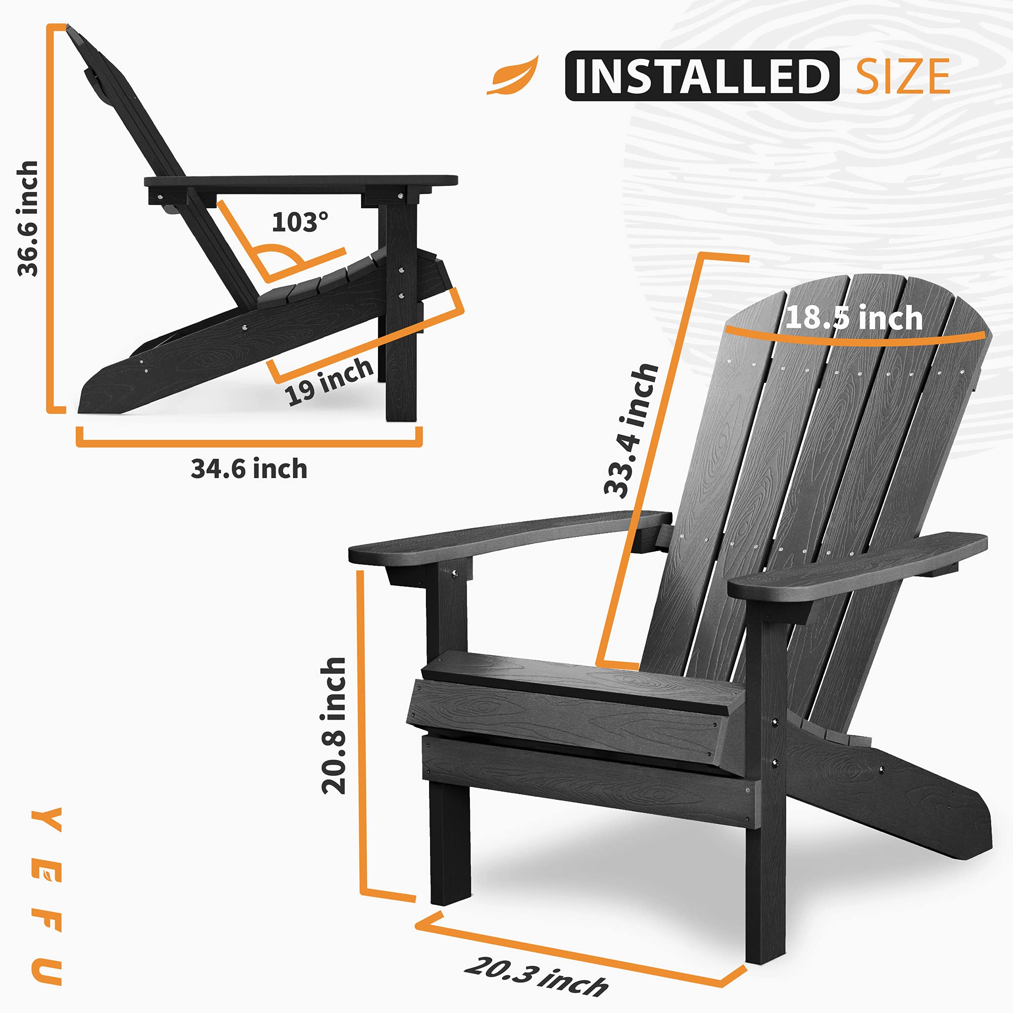 **YEFU 2-Piece Adirondack Chair Set - Durable HIPS Plastic Outdoor Chairs with Wood Grain Texture - Perfect for Patio, Lawn, Fire Pit, Deck, Porch & Garden (Black) - Ideal for Relaxing, Lounging & Entertaining Outdoors**