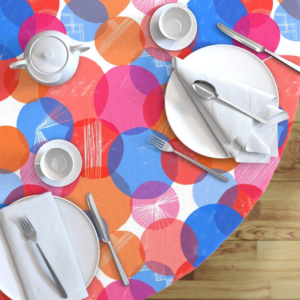 Bauhaus Bubbles Geometric Print Cotton Sateen Tablecloth - 90 Inch Round Table Cover in Pink Orange Blue Abstract Design | Custom Table Linens for Dining Room Decor, Party & Wedding Reception