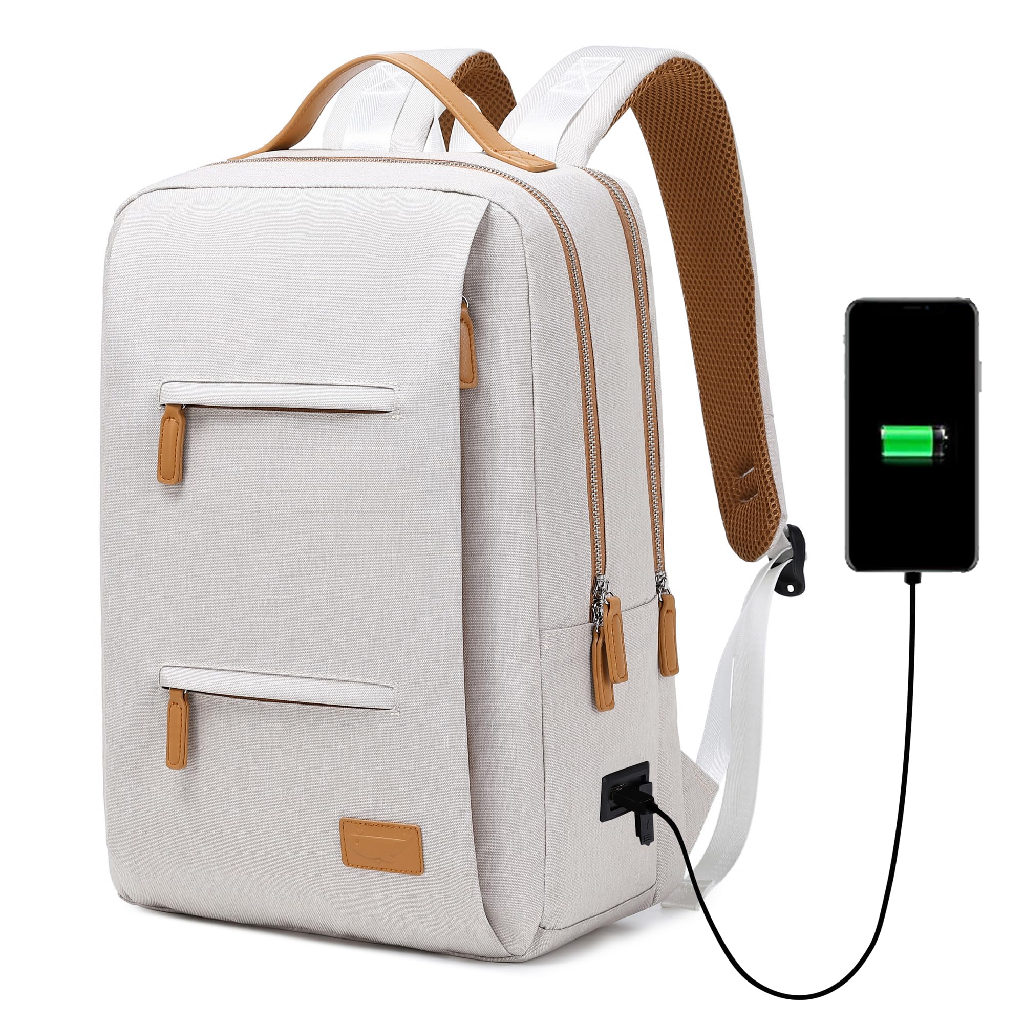15.6 Inch Smart Laptop Backpack with USB Charging Port - Waterproof Large College Bookbag for Women & Men - Business Travel, Work & Weekender Carry On Backpack (Beige) - Perfect for Commuting, Office Use & School