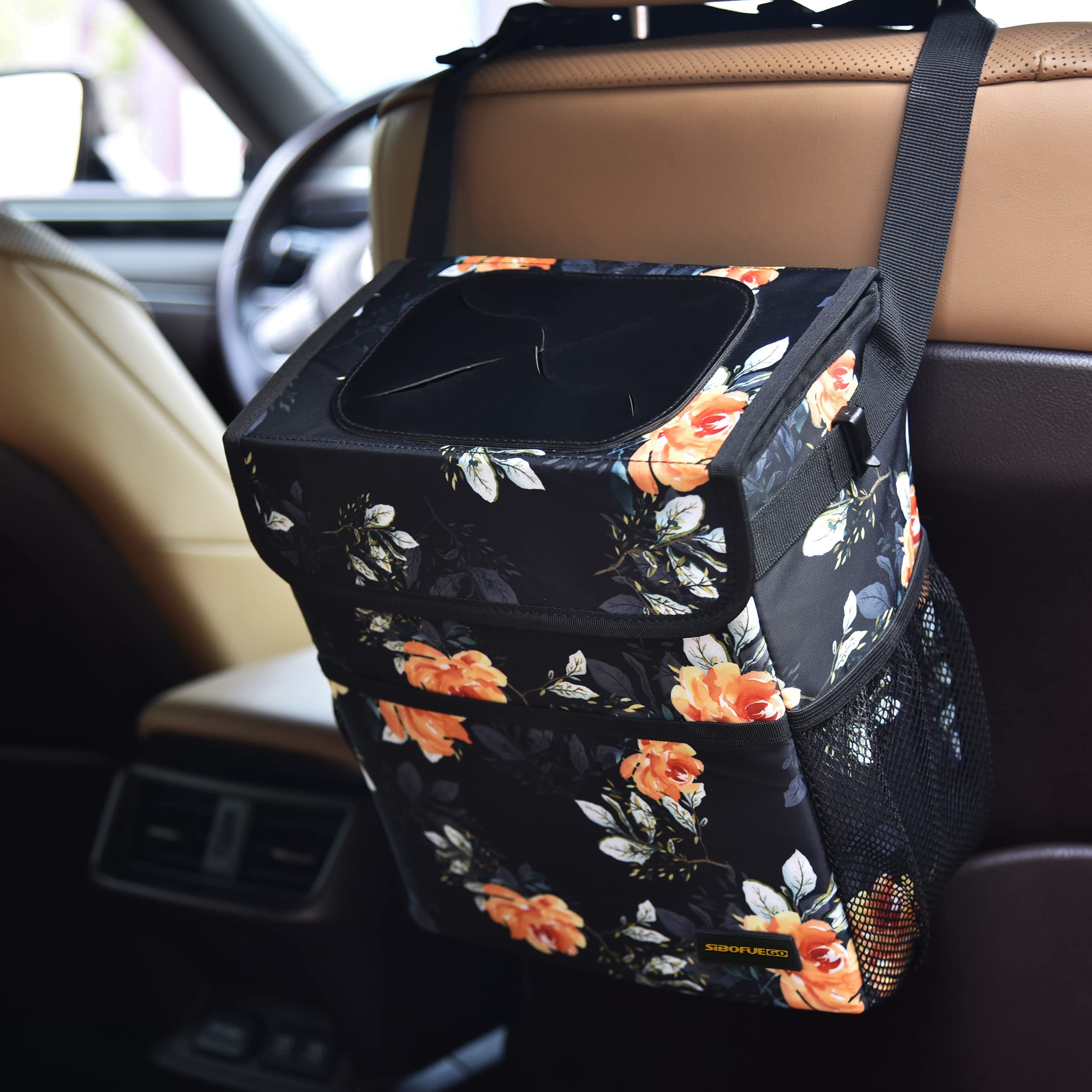 Leak-Proof Collapsible Car Trash Can with Lid - 2 Gallon Waterproof Garbage Bin with Storage Pockets & Adjustable Straps for Vehicles, Travel, Camping & Home Use (Flower Design)