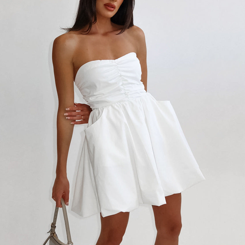 2025 Russian Fashion Sexy Solid Color Tube Top Strapless Dress & Short Skirt Set - Women's Summer Casual Tutu Dress for Club, Beach, Party & Date Night