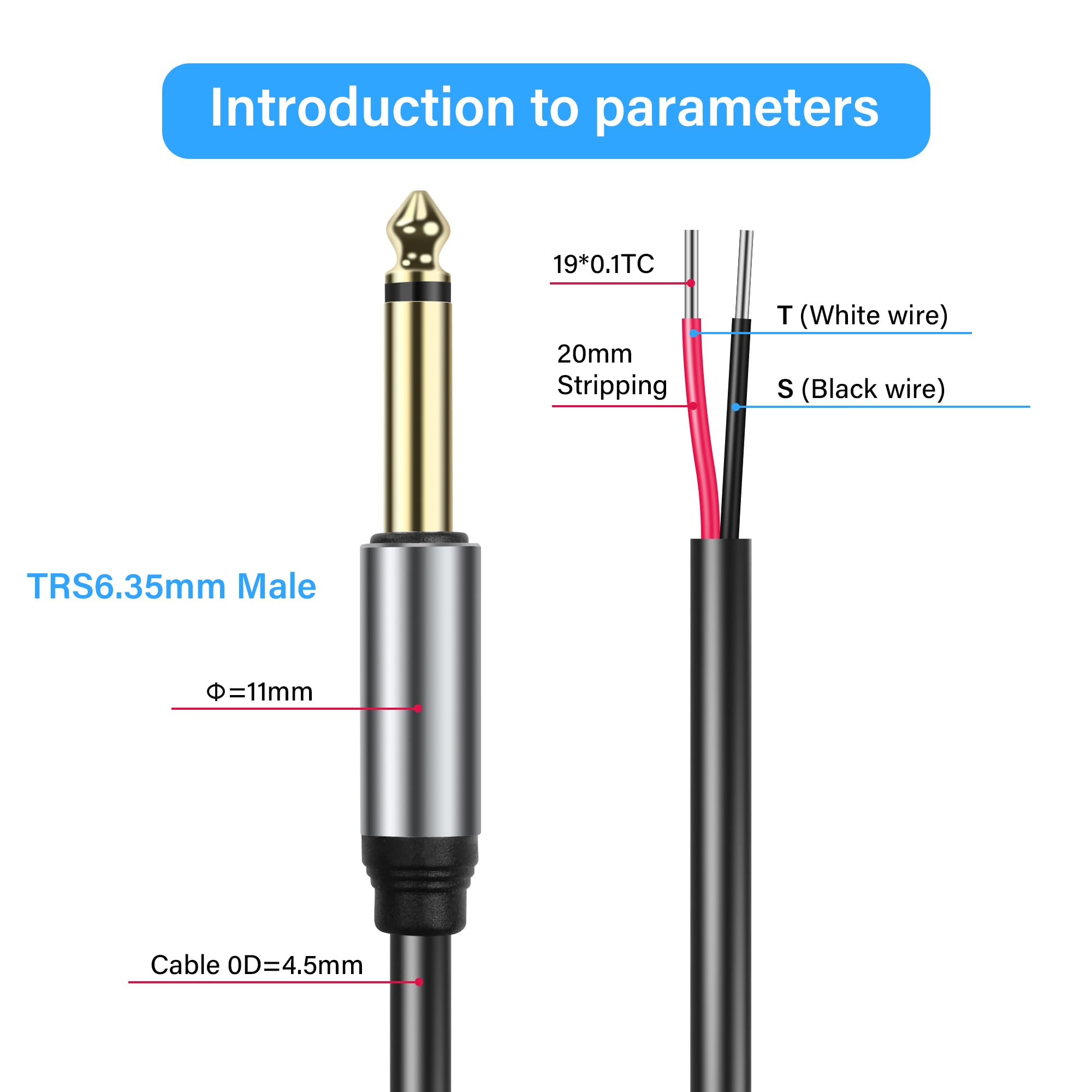 GINTOOYUN 2-Pack 6.35mm Male Plug to Bare Wire TRS Stereo 1/4