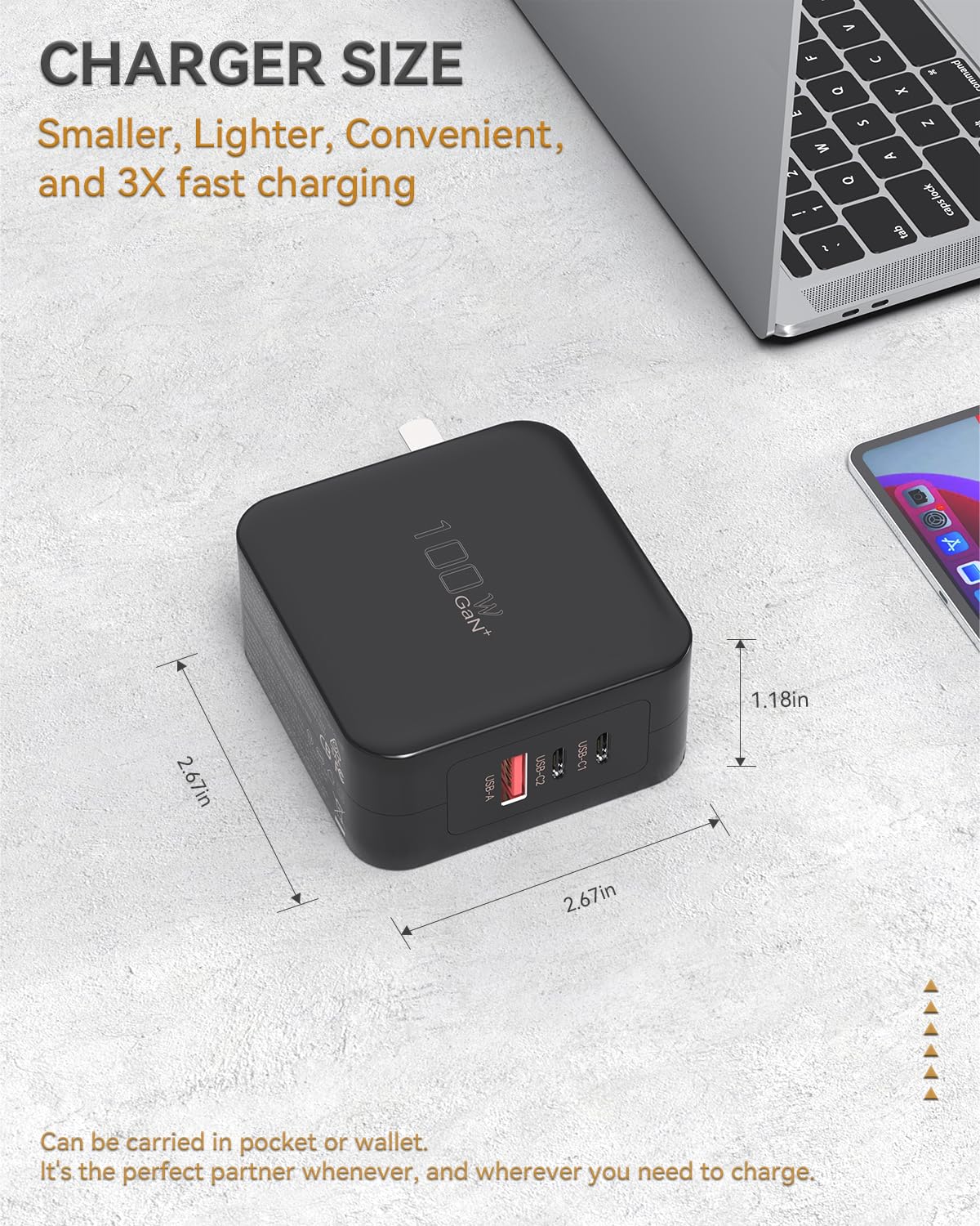 100W GaN USB C Fast Charger with 3 Ports - PD & QC 3.0 Compatible for MacBook, iPhone 15 Pro, Galaxy S23 - Compact Wall Charger for Travel, Office & Home Use