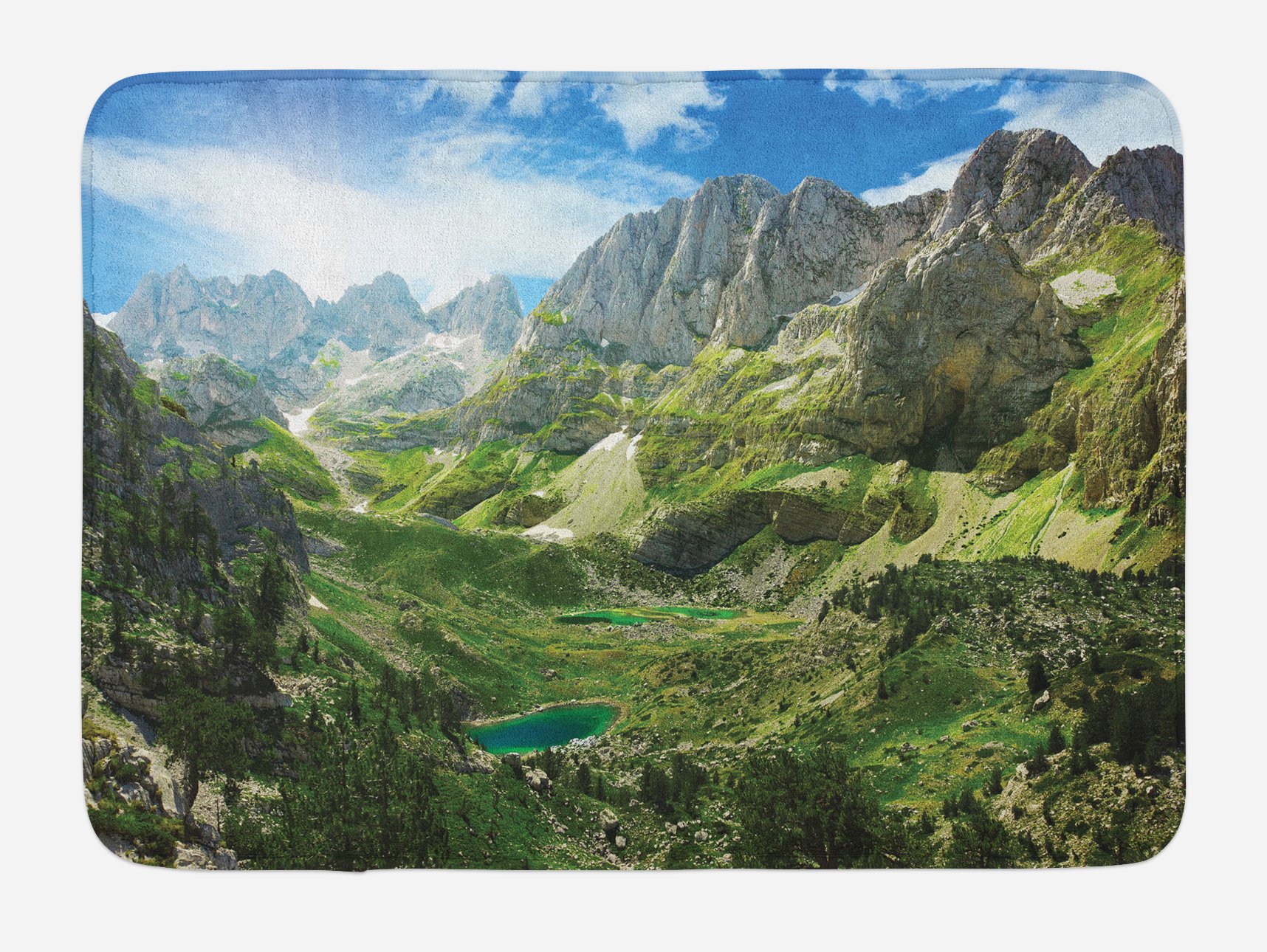 Lunarable Plush Non-Slip Bath Mat - Albanian Alps Mountain Lakes Scenic Design, 30.2x20 Inch Soft Bathroom Rug for Home Decor (Green/Blue/White) - Perfect for Spa, Guest Bathroom & Nature-Inspired Interior Design