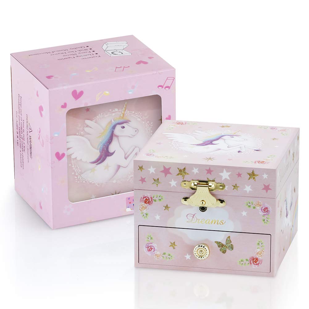 RR ROUND RICH DESIGN Unicorn Musical Jewelry Box for Girls - Pink Jewelry Storage with Drawer & Jewelry Set, Plays 'Over the Waves' Melody - Perfect Gift for Birthdays, Christmas & Room Decor