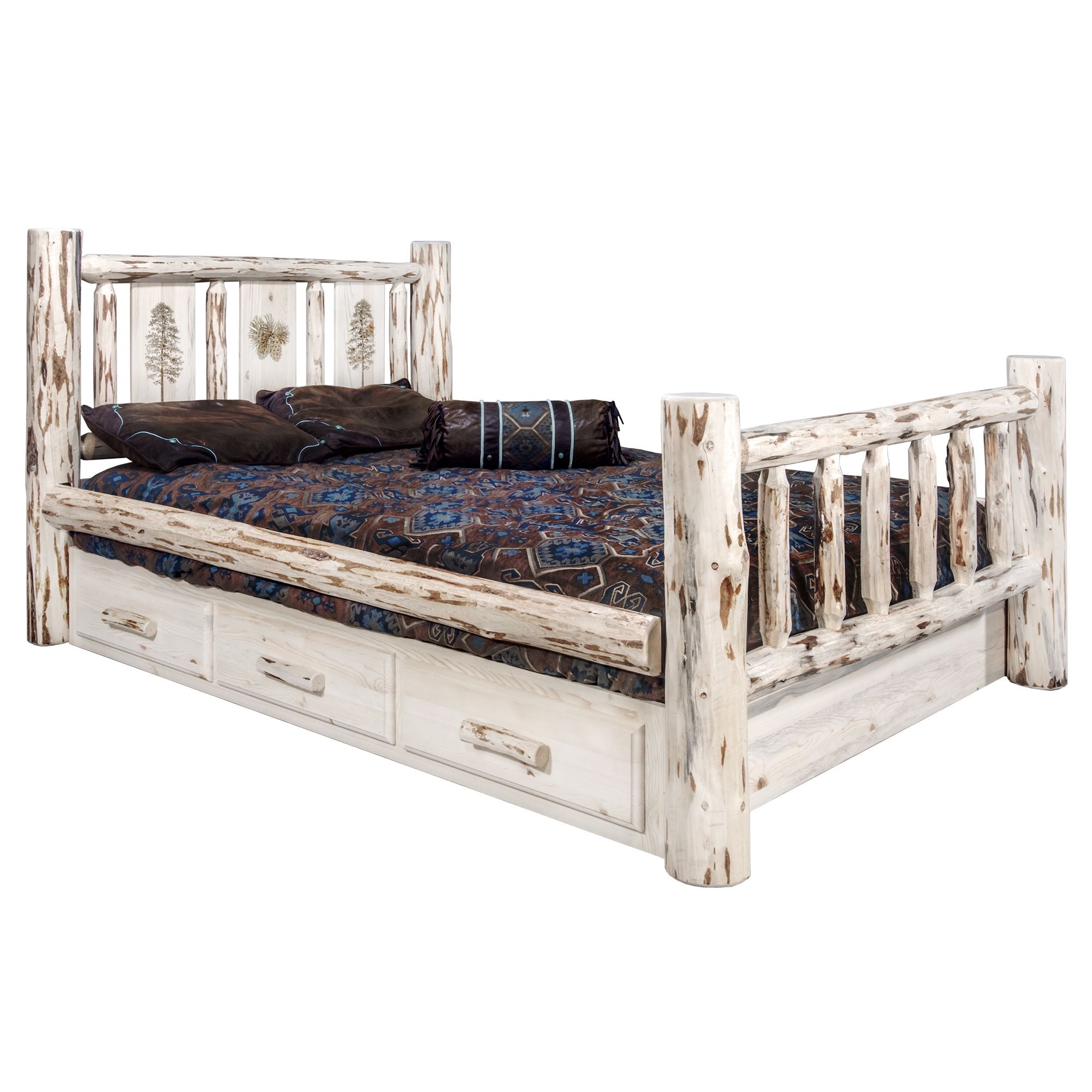 Montana Storage Bed with Laser Engraved Design - Clear Lacquer Finish Queen Size Platform Bed Frame - Modern Bedroom Furniture for Small Spaces & Guest Rooms