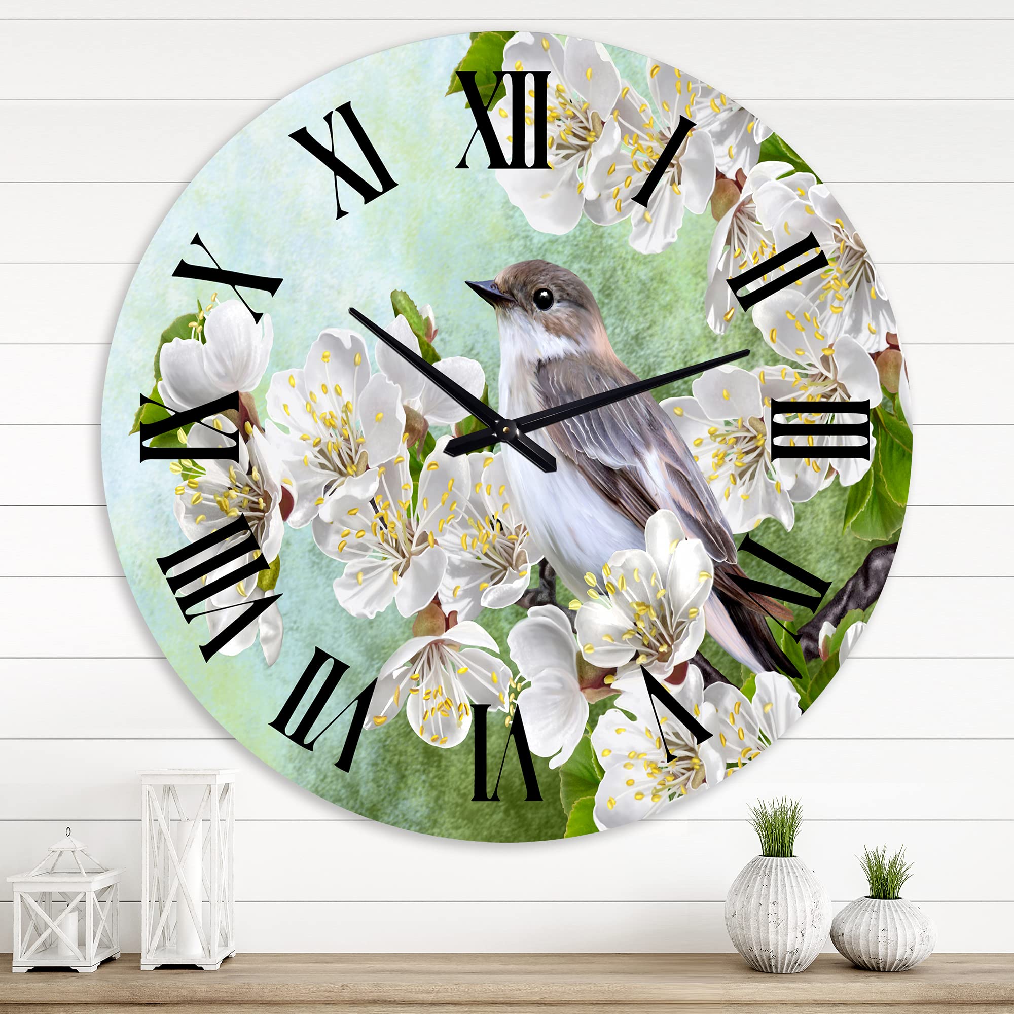 DesignQ Traditional Wall Clock - Gray Bird on Blossoming Tree Branch, Large Animal-Themed Wall Clock for Bedroom Decor | Perfect for Home, Office & Living Room Décor