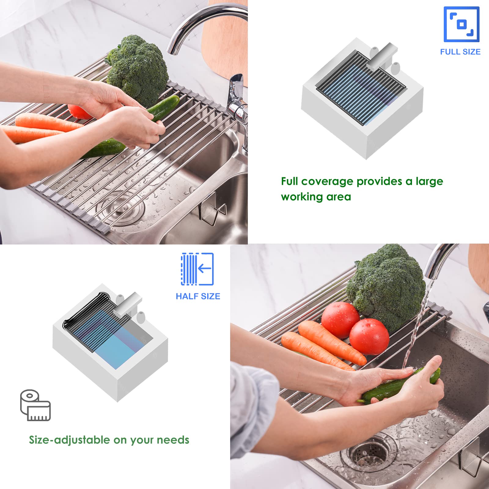 Tomorotec Stainless Steel Roll Up Dish Drying Rack - Over The Sink Portable Kitchen Organizer with Drainer, Storage Shelf & Caddy - Space Saving Gray Dish Rack for Small Kitchens, Apartments & RVs