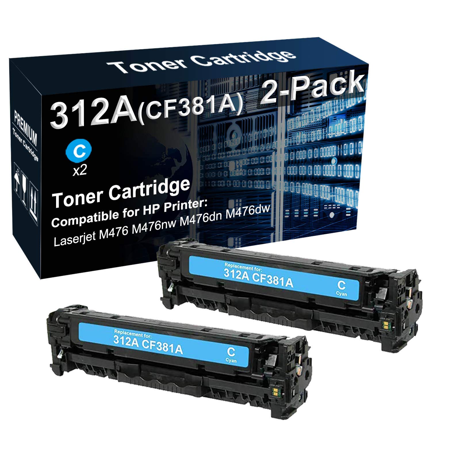 2-Pack High Yield 312A/CF381A Compatible Toner Cartridge (Cyan) for HP MFP M476nw/M476dn/M476dw Printers - Perfect for Office Printing & High Volume Documents
