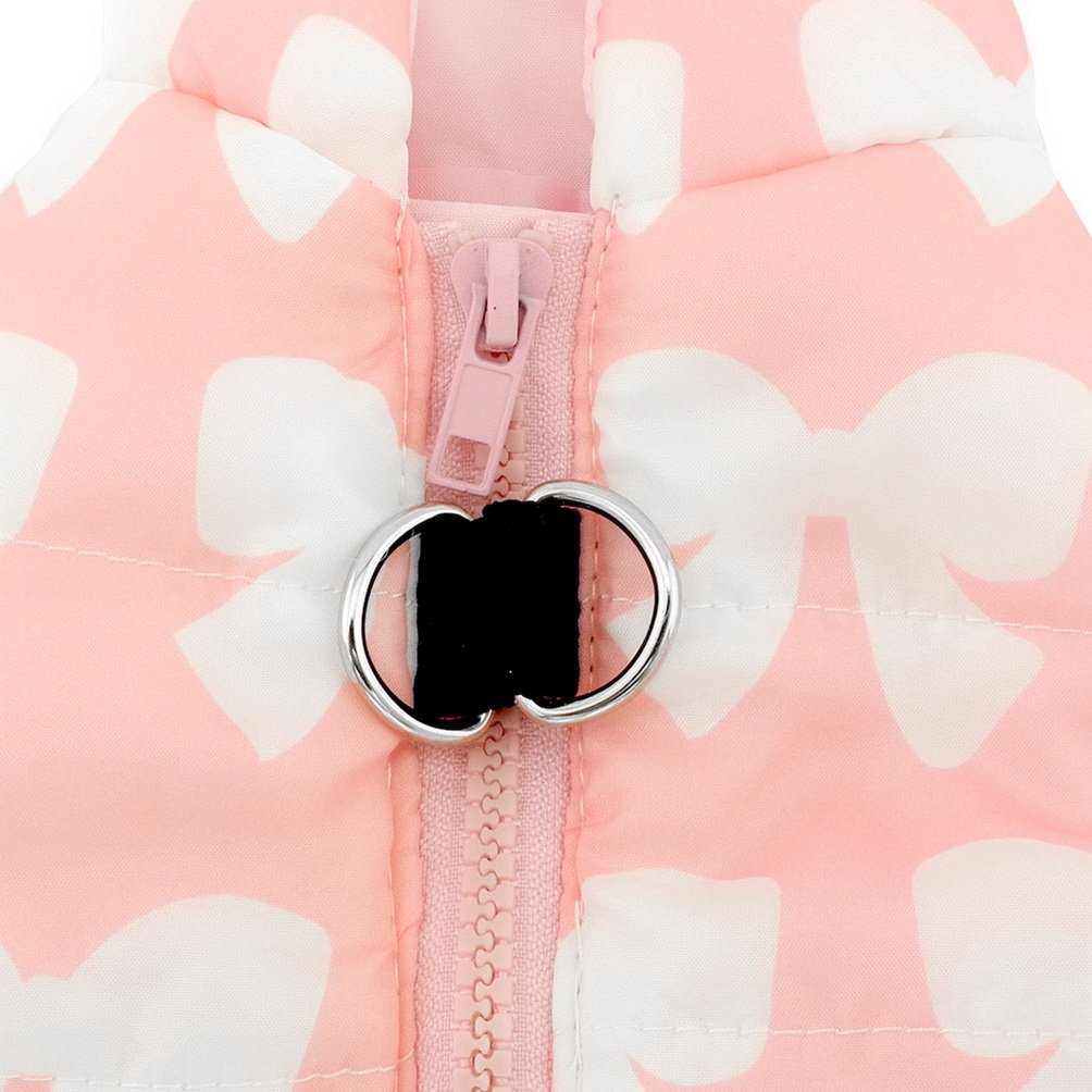 SELMAI Winter Dog Coat with Harness Hole - Pink Bow Print Small Dog Jacket for Cold Weather, Walking & Outdoor Activities
