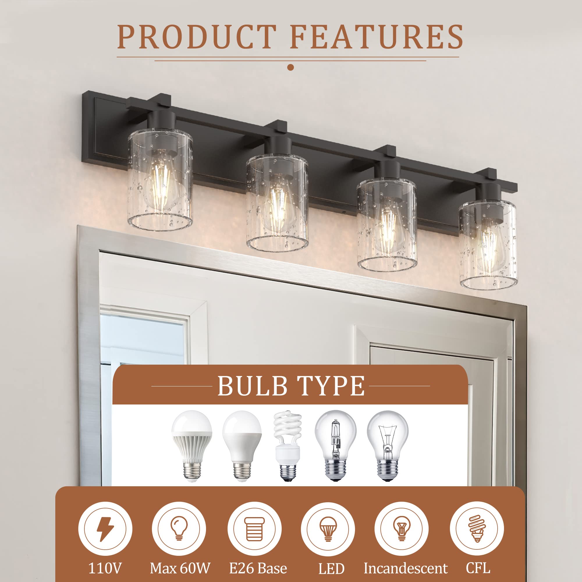 Modern Matte Black Bathroom Vanity Light - 4-Light Wall Sconce with Thickened Seeded Glass Shade, 33 Inch Contemporary Fixture for Mirror Lighting | Perfect for Bathroom, Powder Room, and Dressing Area Makeup Vanity