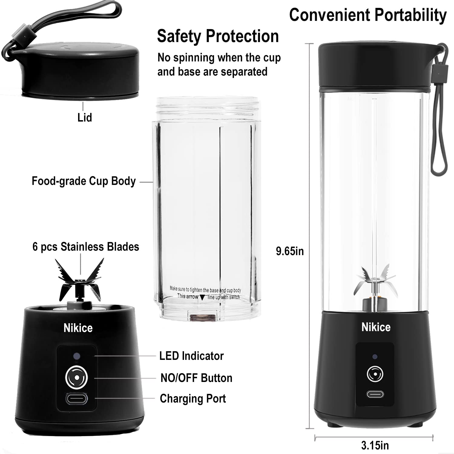 Portable USB Rechargeable Personal Blender for Smoothies, Shakes & Juices - Compact Travel Juicer Cup with 20oz Capacity (Black) - Perfect for Gym, Office & On-the-Go Healthy Drinks