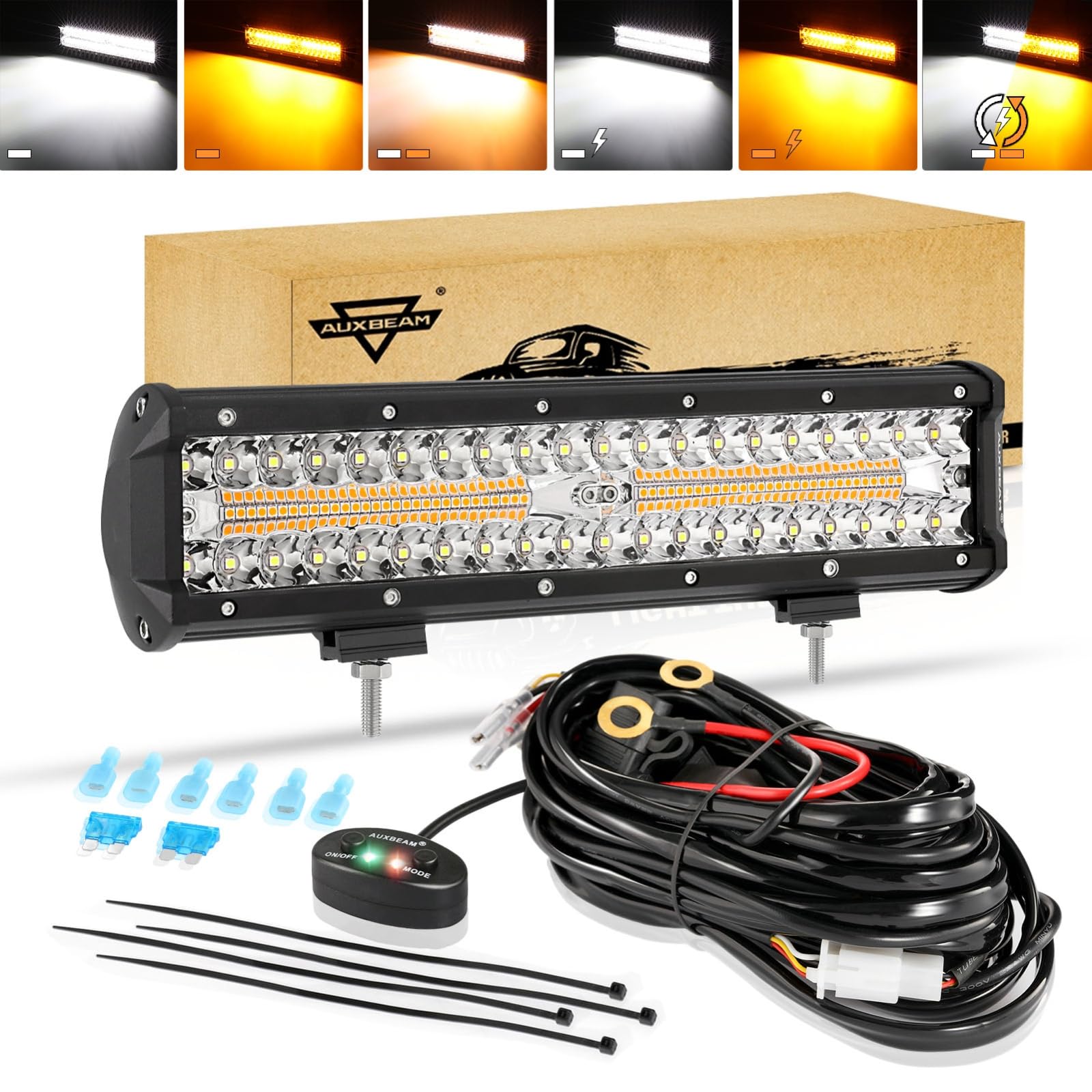 Auxbeam 12 Inch 300W LED Light Bar - Amber & White Strobe with 6 Flashing Modes | Offroad, Emergency, Fog Light for Trucks, Cars, ATVs, Jeeps, Boats | Perfect for Off-Roading, Emergency Signaling, and Nighttime Visibility