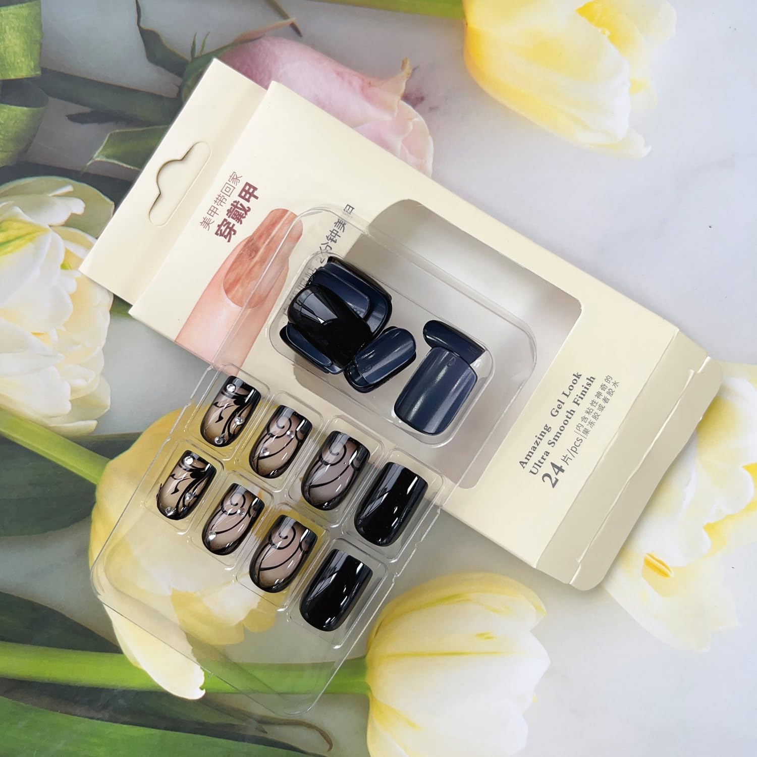 24Pcs Black Press on Nails Short Square - Acrylic Fake Nails with Glossy Finish & Vine Design | Easy Glue-on Full Cover Artificial Nails for Women & Girls | Perfect for Summer, Parties, Weddings & Daily Wear