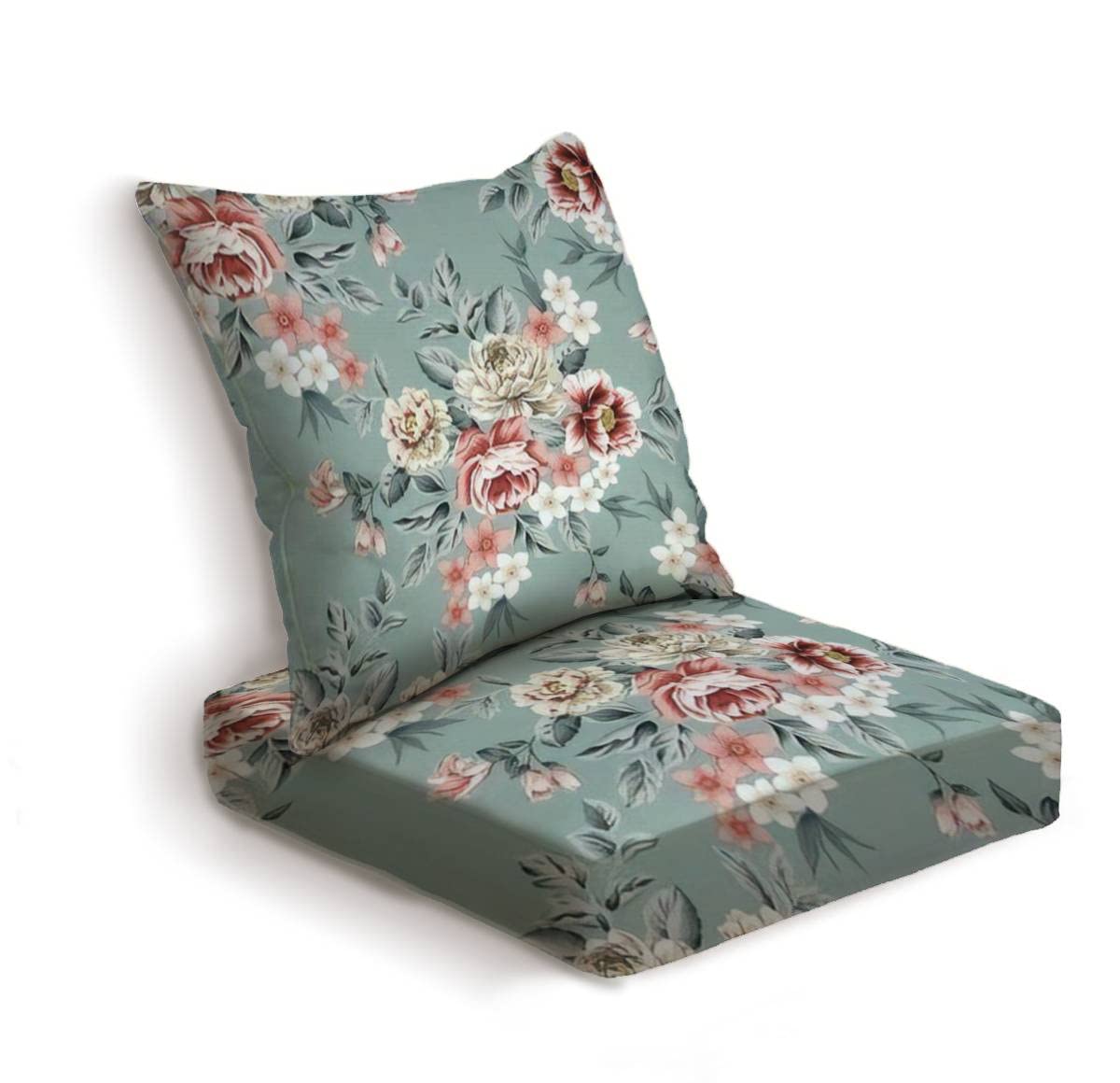 ONENPENRI 2-Piece Outdoor Deep Seat Cushion Set - Red & Grey Floral Pattern with Green Leaves - Patio Furniture Replacement Cushions for Lounge Chairs - Perfect for Backyard, Deck, Poolside and Garden Relaxation
