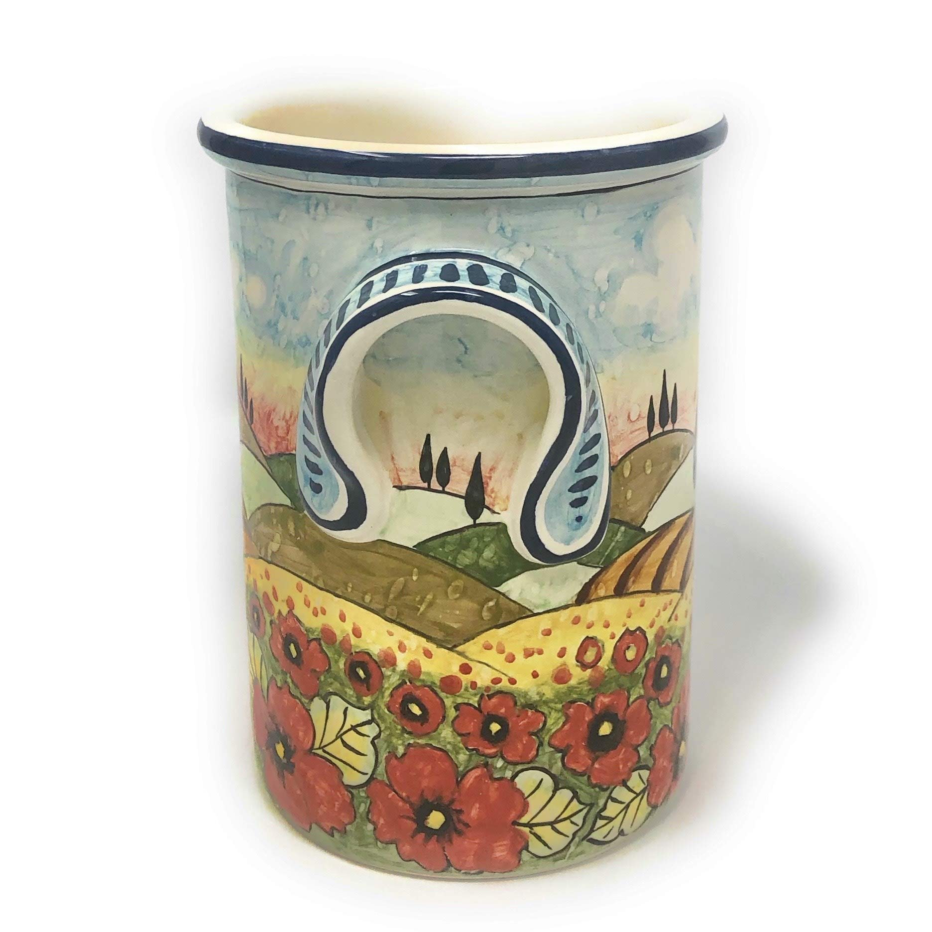 Hand-Painted Italian Ceramic Utensil Holder & Wine Bottle - Tuscan Landscape with Poppies Design - Art Pottery Made in Italy - Perfect for Kitchen Decor & Wine Storage