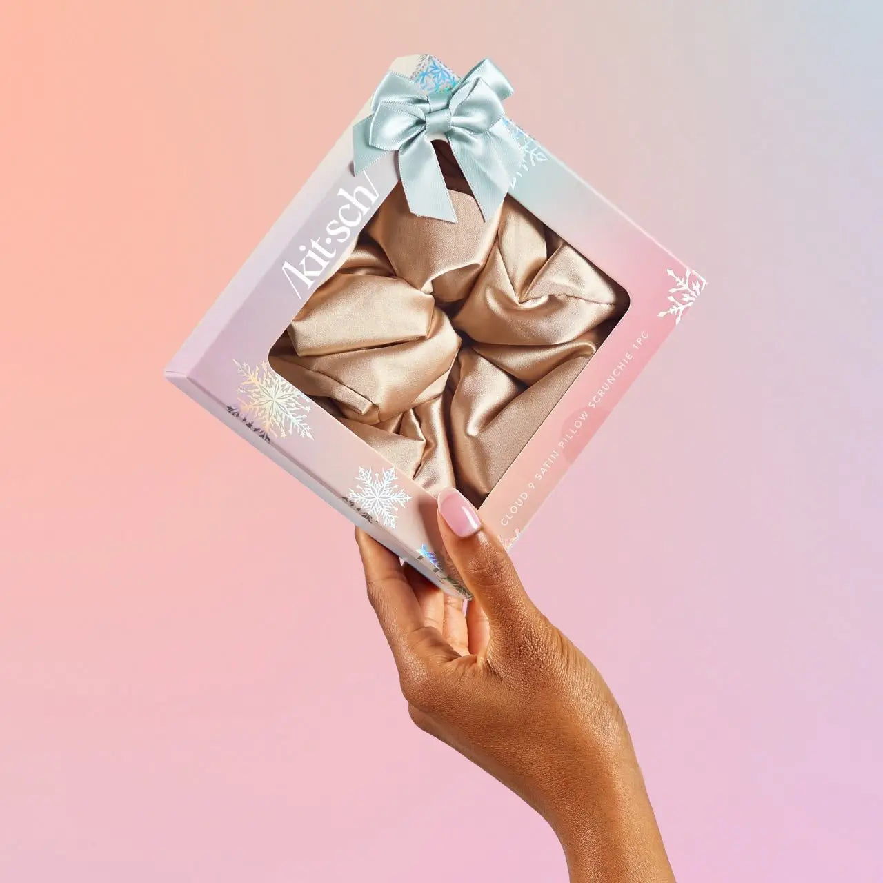 Holiday Cloud 9 Satin Pillow Scrunchie 1pc Champagne - Soft Hair Tie for Women, Gentle on Hair, Perfect for Sleep, Travel, and Everyday Use