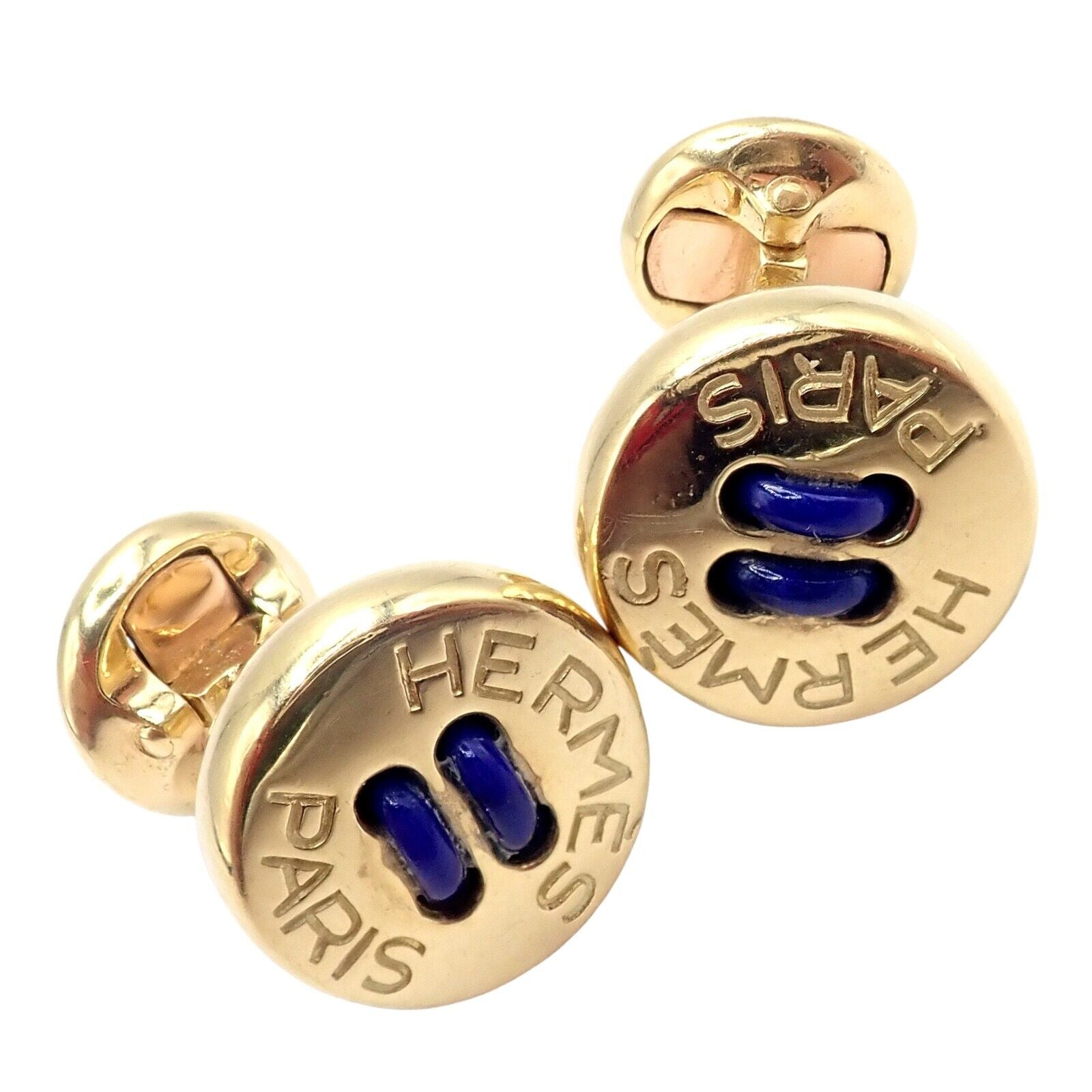 Vintage Authentic Hermes Paris 18k Yellow Gold Men's Lapis Button Cufflinks - Luxury Collectible Jewelry for Formal Events & Gifts