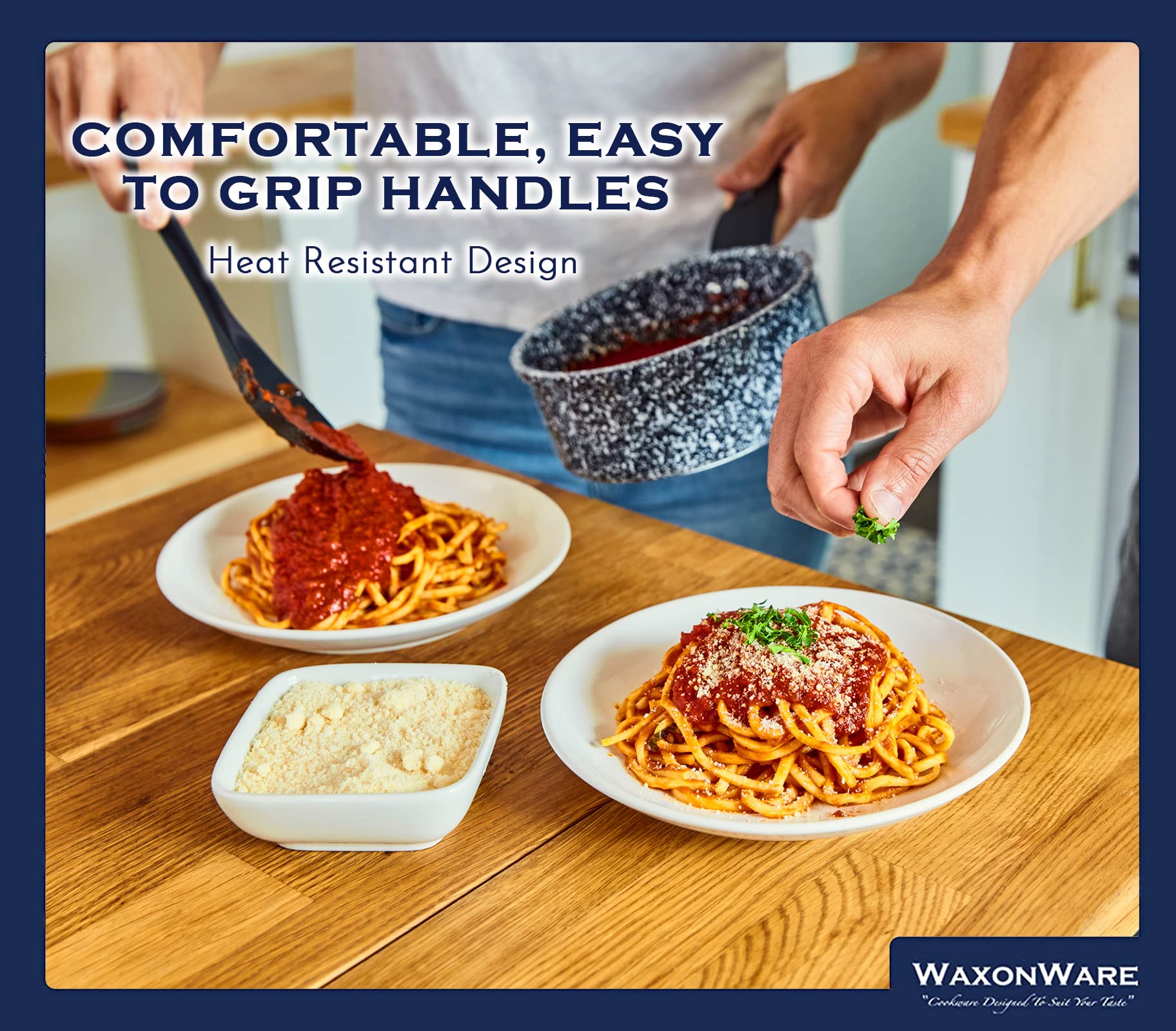 Waxonware 7-Piece Nonstick Cookware Set - Granite Pots and Pans Set, PFOA & PTFE Free, Dishwasher Safe - Stonetec Series for Everyday Cooking, Baking & Frying