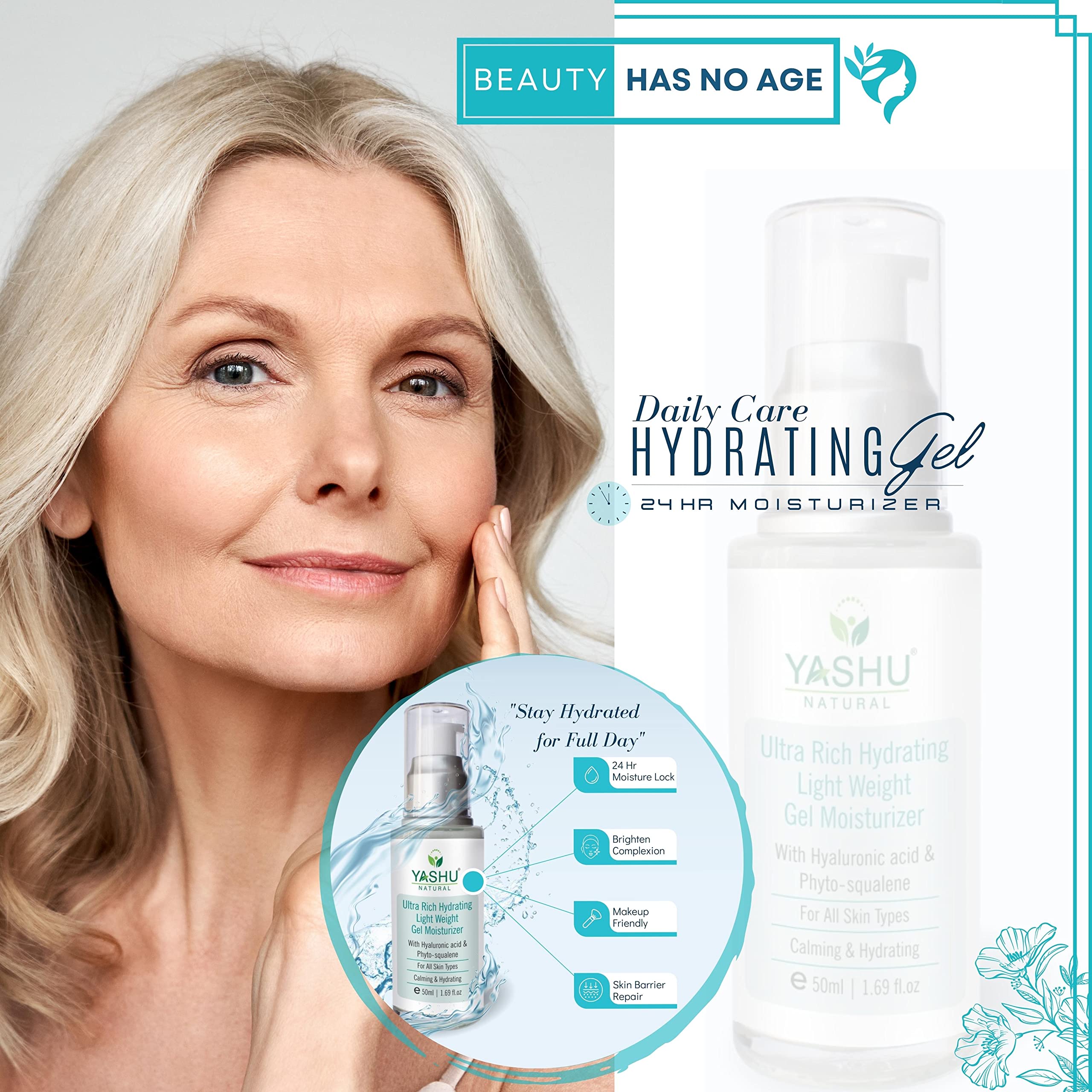 YASHU Lightweight Hydrating Gel Cream with Hyaluronic Acid & Squalane - Brightening Moisturizer for Glowing Skin, Improves Skin Smoothness & Evens Skin Tone (50ml) | Perfect for Daily Skincare Routine & Nighttime Hydration