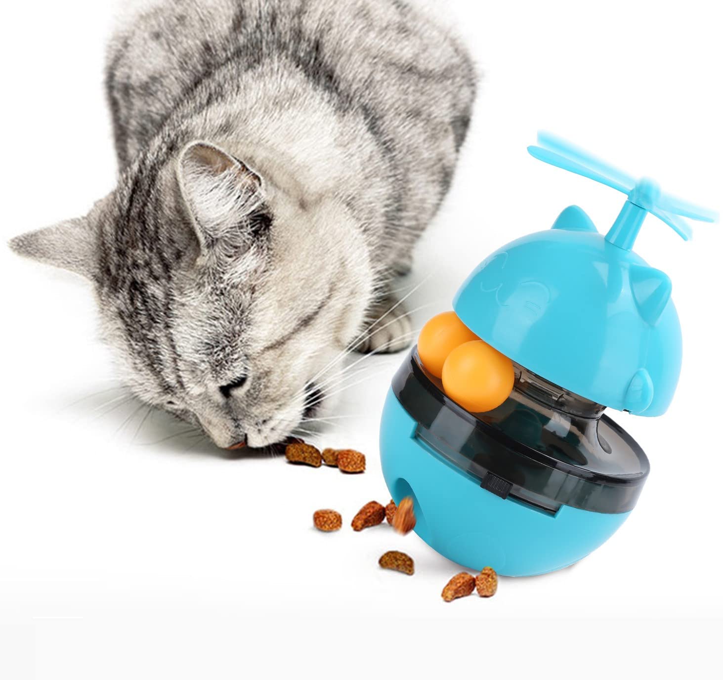 Interactive Cat & Dog Toy - 4-in-1 Adjustable Slow Feeder with Leak-Proof Food Ball, Dual Balls & Windmill Spinner - IQ Stimulating Tumbler for Pets (Blue) - Perfect for Mealtime Enrichment & Playtime Exercise
