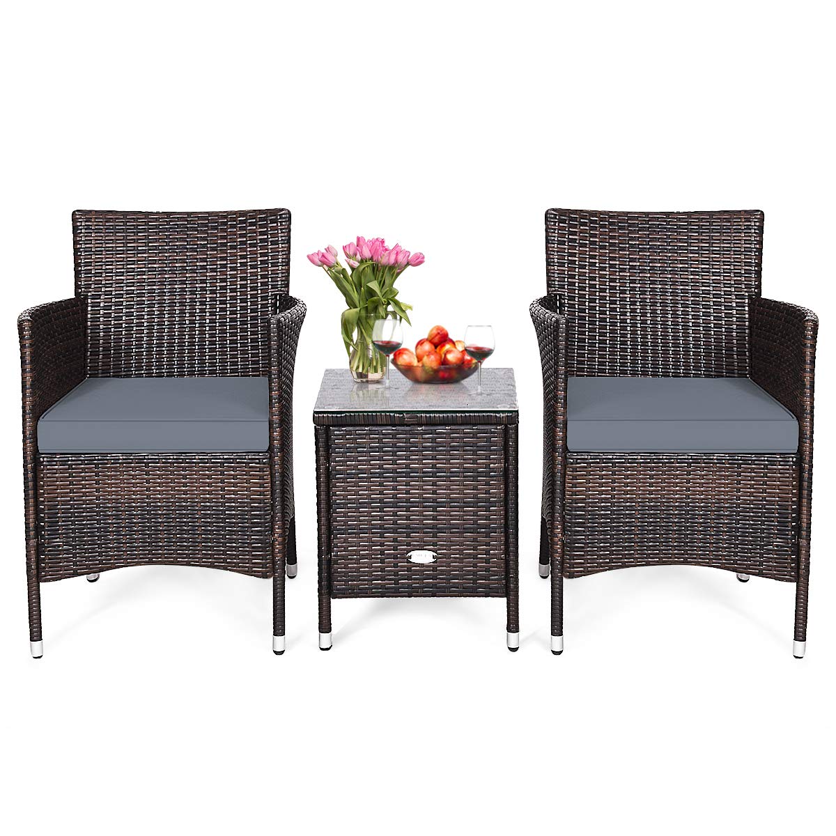 RELAX4LIFE 3-Piece Outdoor Patio Furniture Set with Removable Cushions - Rattan Wicker Conversation Set with Square Coffee Table - Perfect for Garden, Balcony, Poolside & Backyard (Grey) | Durable Weather-Resistant Bistro Set for Relaxing & Entertaining Outdoors