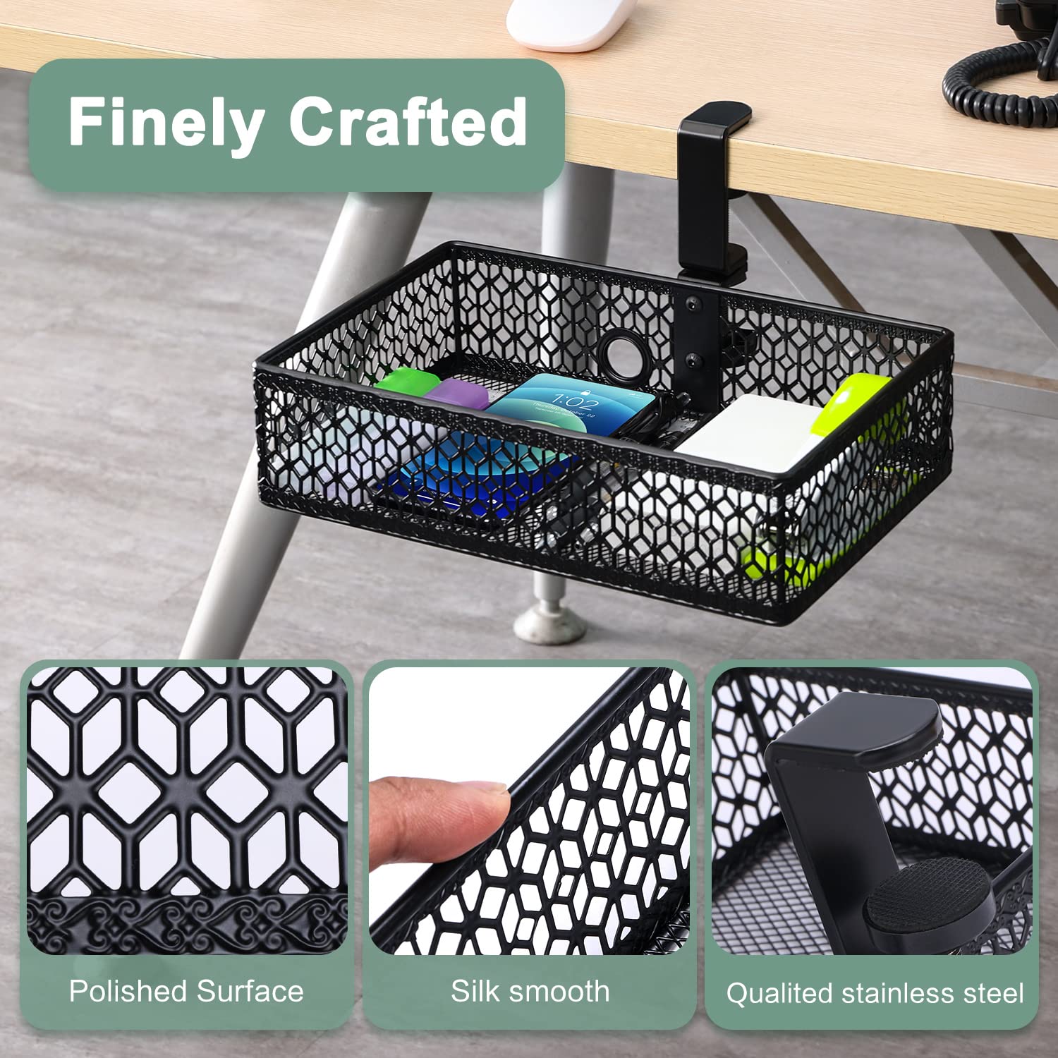 ROSYLINE Under Desk Drawer Organizer - Clamp On Desk Storage Basket, Hanging Mount Tray for Office, Home & Dorm - Space Saving Black Under Desk Organizer for Files, Stationery & Office Supplies