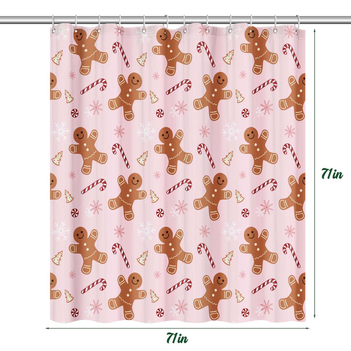 Pink Cute Gingerbread Man Christmas Shower Curtain Set with Hooks - Winter Holiday Bathroom Decor for Home, Merry Christmas Fabric Shower Curtain - Perfect for Bathroom Decorations, Indoor Holiday Party & Festive Home Styling