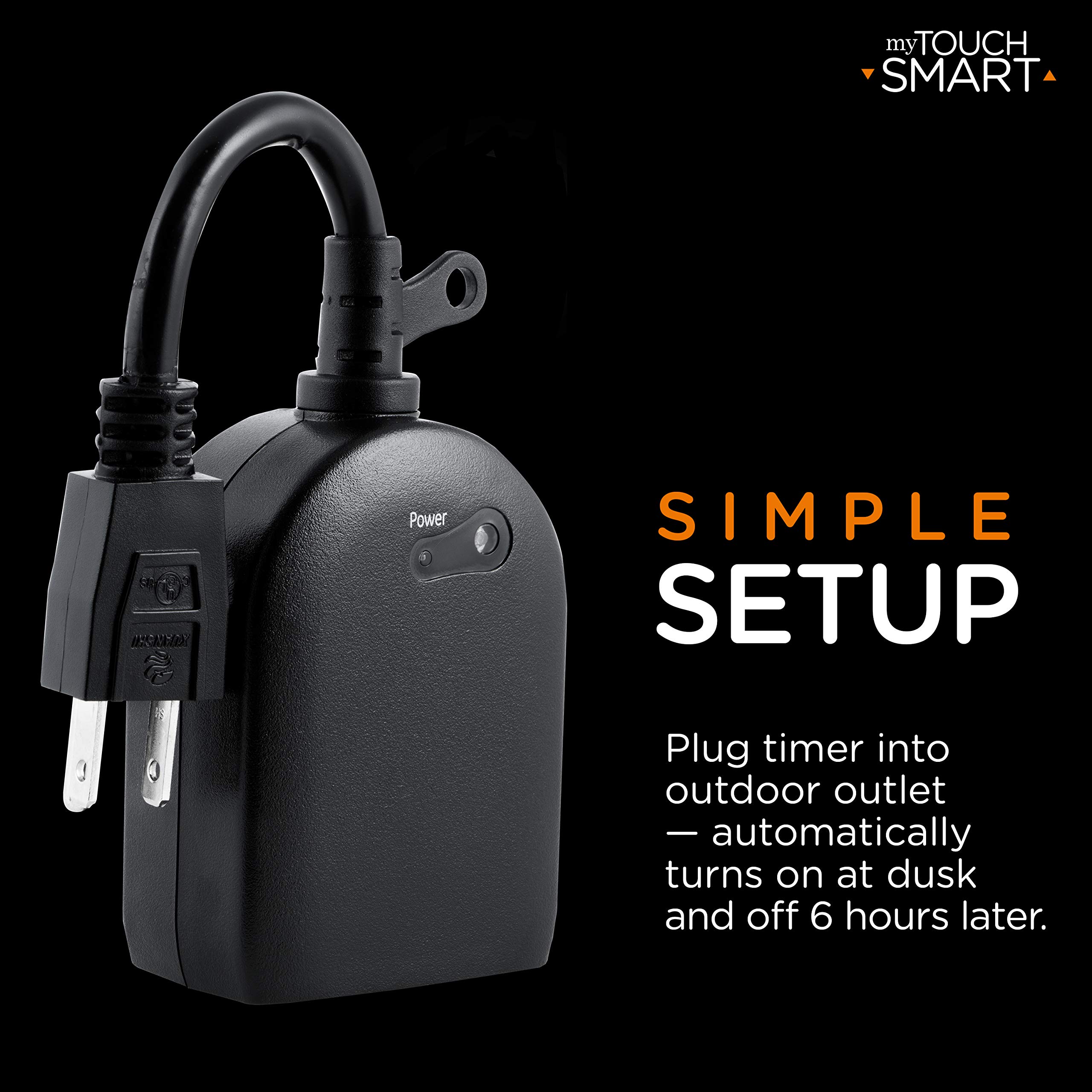 myTouchSmart Outlet Timer - Single Plug-in Light Timer with Light Sensor for Outdoor Lighting, 6-Hour Countdown Timer, Weather Resistant for Seasonal & Landscape Lights (Black, 1 Pack) - Perfect for Patio, Garden, Holiday & Security Lighting