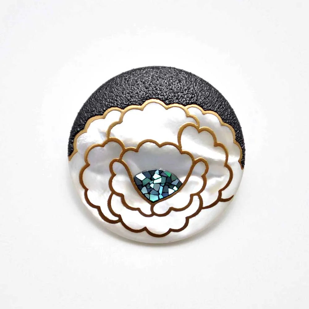 Exquisite Maki-e Urushi Lacquer Brooch with White South Sea Pearl Shell & Peony Design | Traditional Japanese Lacquer Jewelry | Perfect for Formal Occasions, Weddings & Cultural Events