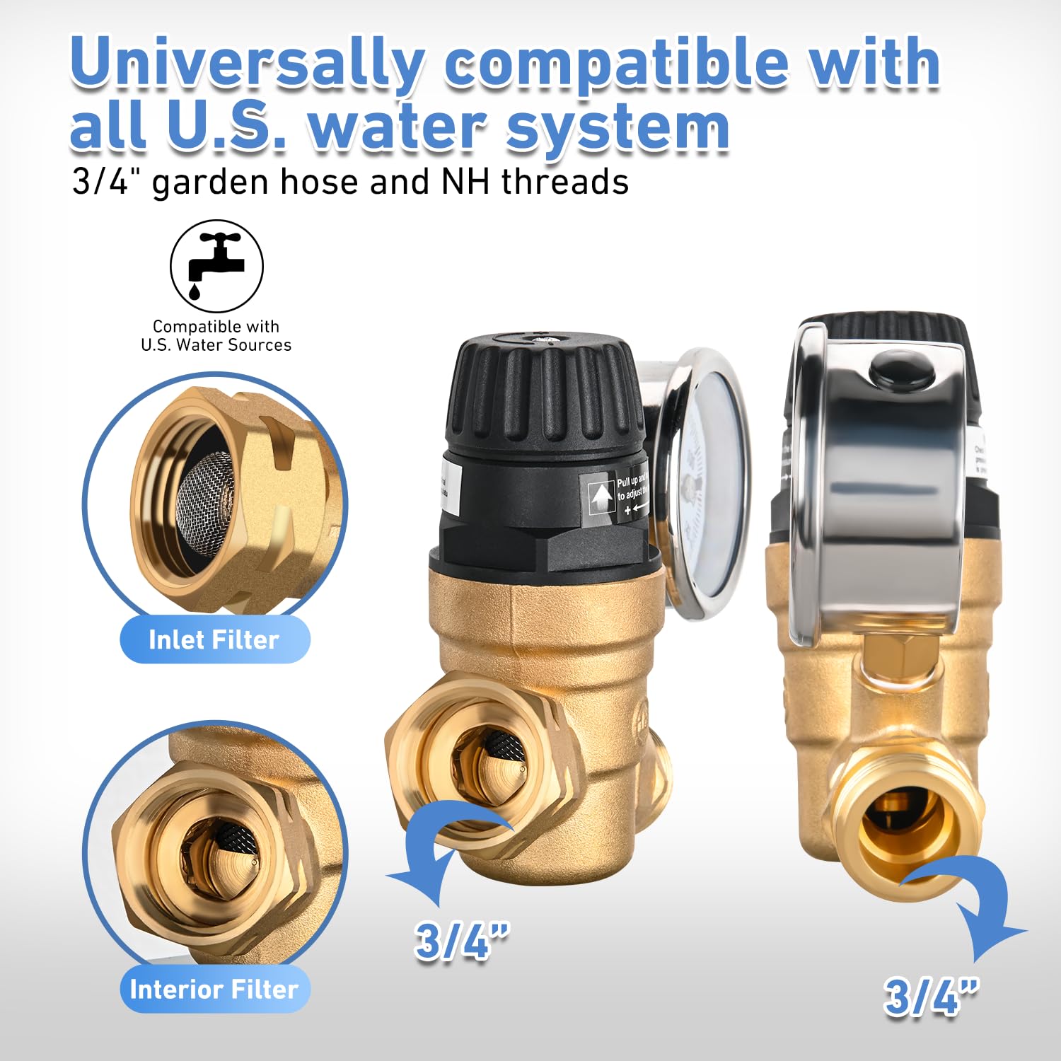 RV Water Pressure Regulator with Handwheel Adjustment & Oil Filled Gauge - Perfect for Camping, RV Travel & Outdoor Water System Control
