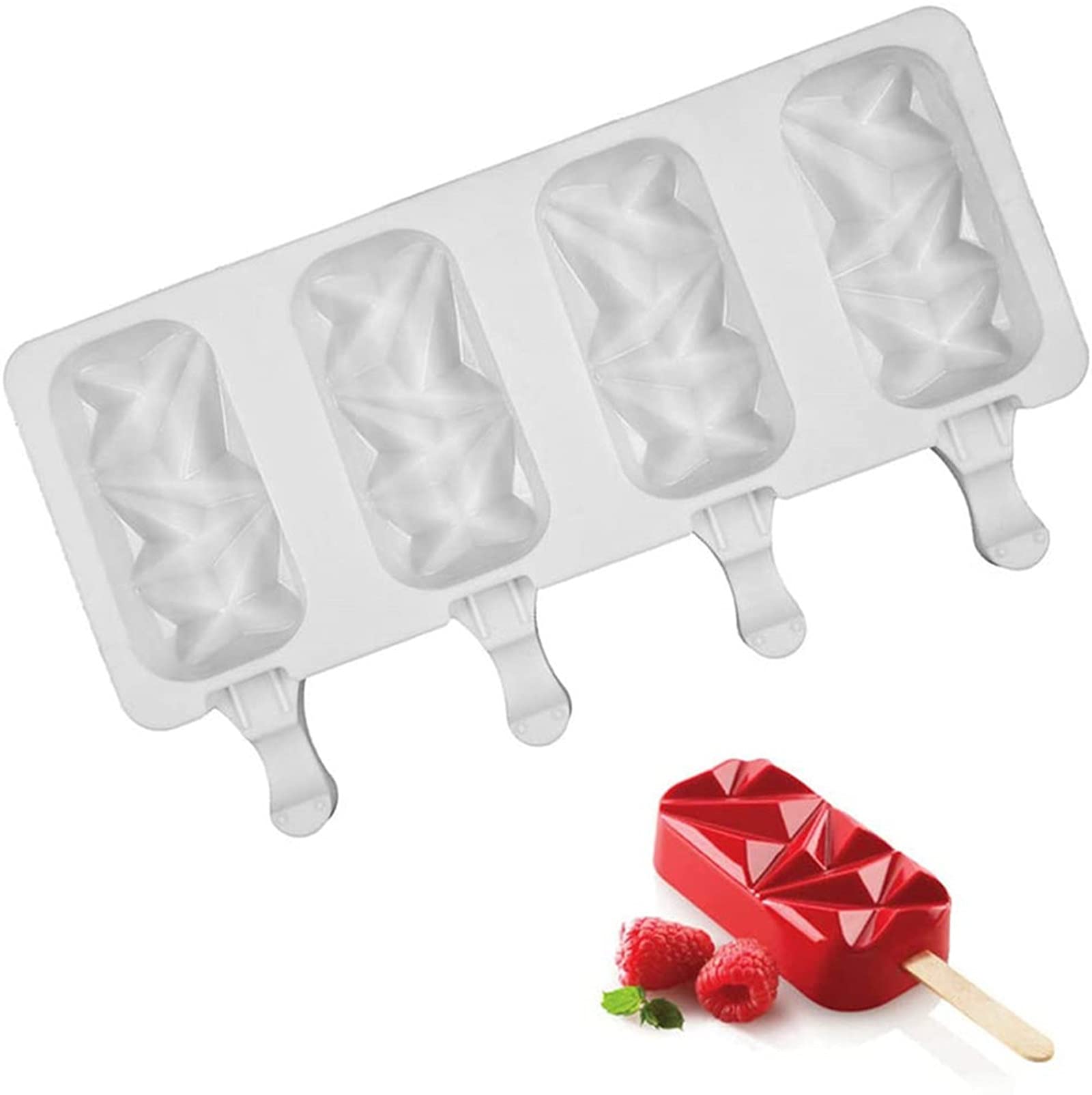 Bigens Silicone Popsicle Molds for Homemade Ice Cream - 4 Cavity Reusable Popsicle Maker with 50 Wooden Sticks (White) - Perfect for Summer Treats, Kids Snacks & DIY Dessert Making