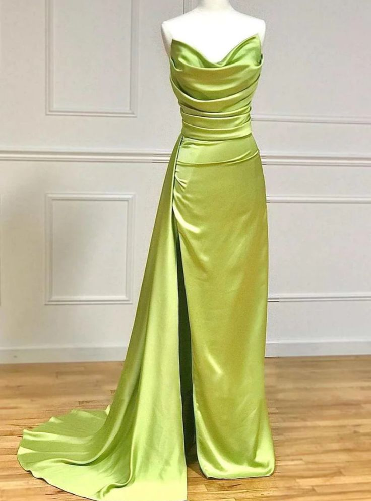 Elegant Green Satin Long Prom Dress with High Slit - Formal Evening Gown for Homecoming, Wedding, and Special Occasions - Style J5243